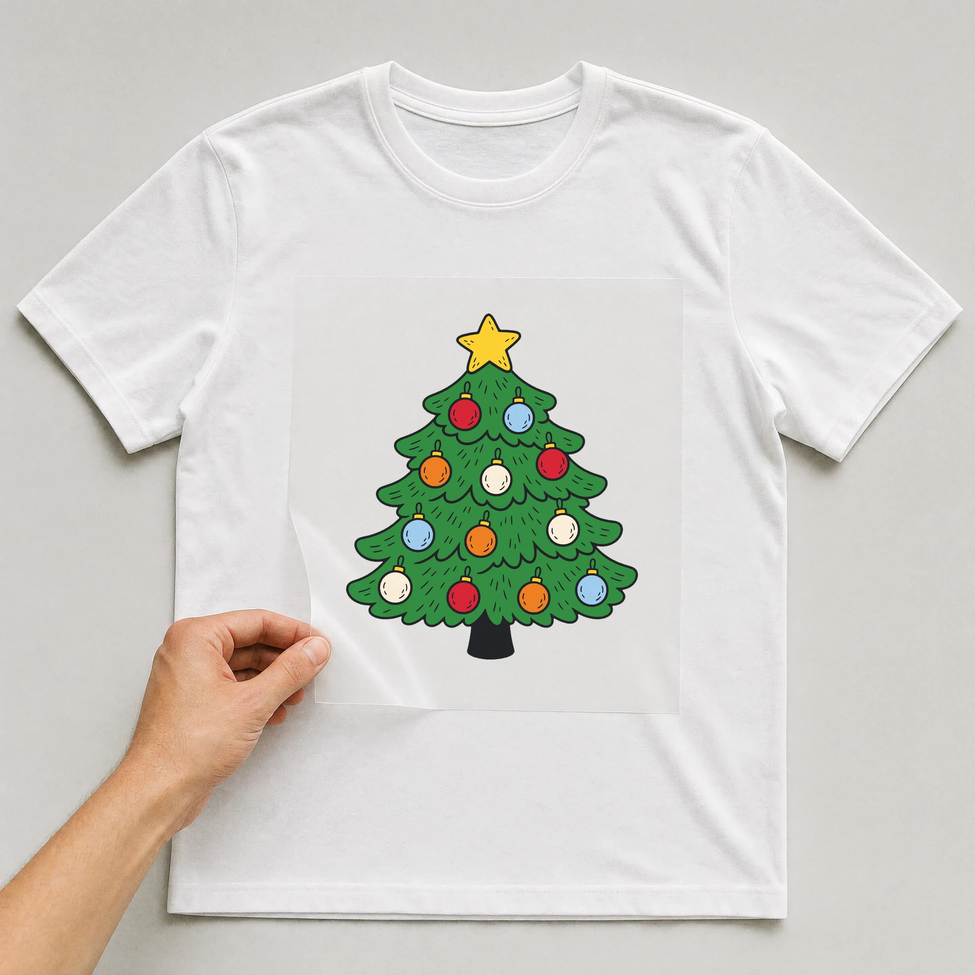 Bügelbild „Tannenbaum“ auf weißem T-Shirt, Folie wird aufgelegt