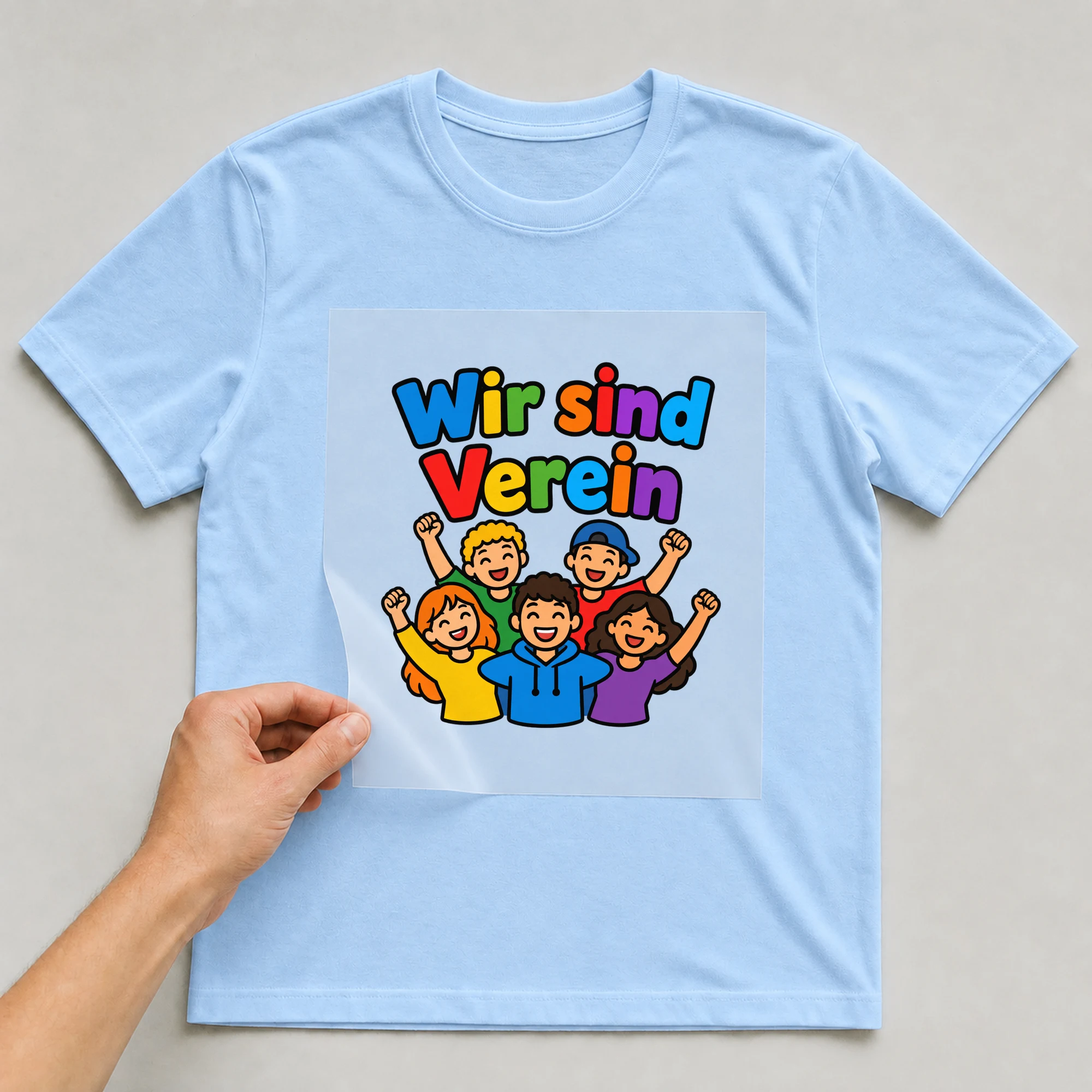 Bügelbild „Wir sind Verein“ auf babyblauem T-Shirt, Folie wird aufgelegt