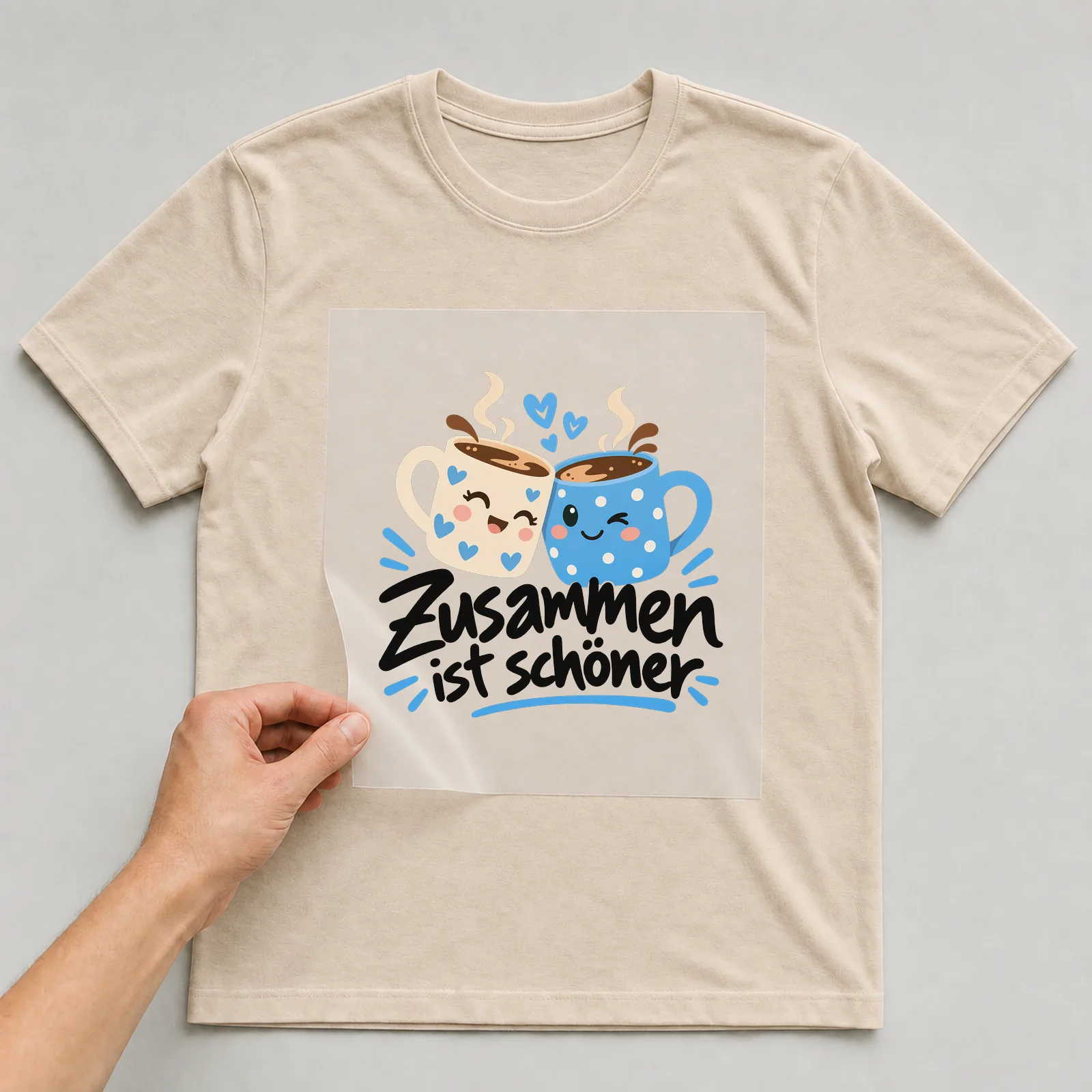Bügelbild „Zusammen ist schöner“ auf beigem T-Shirt, Folie wird aufgelegt