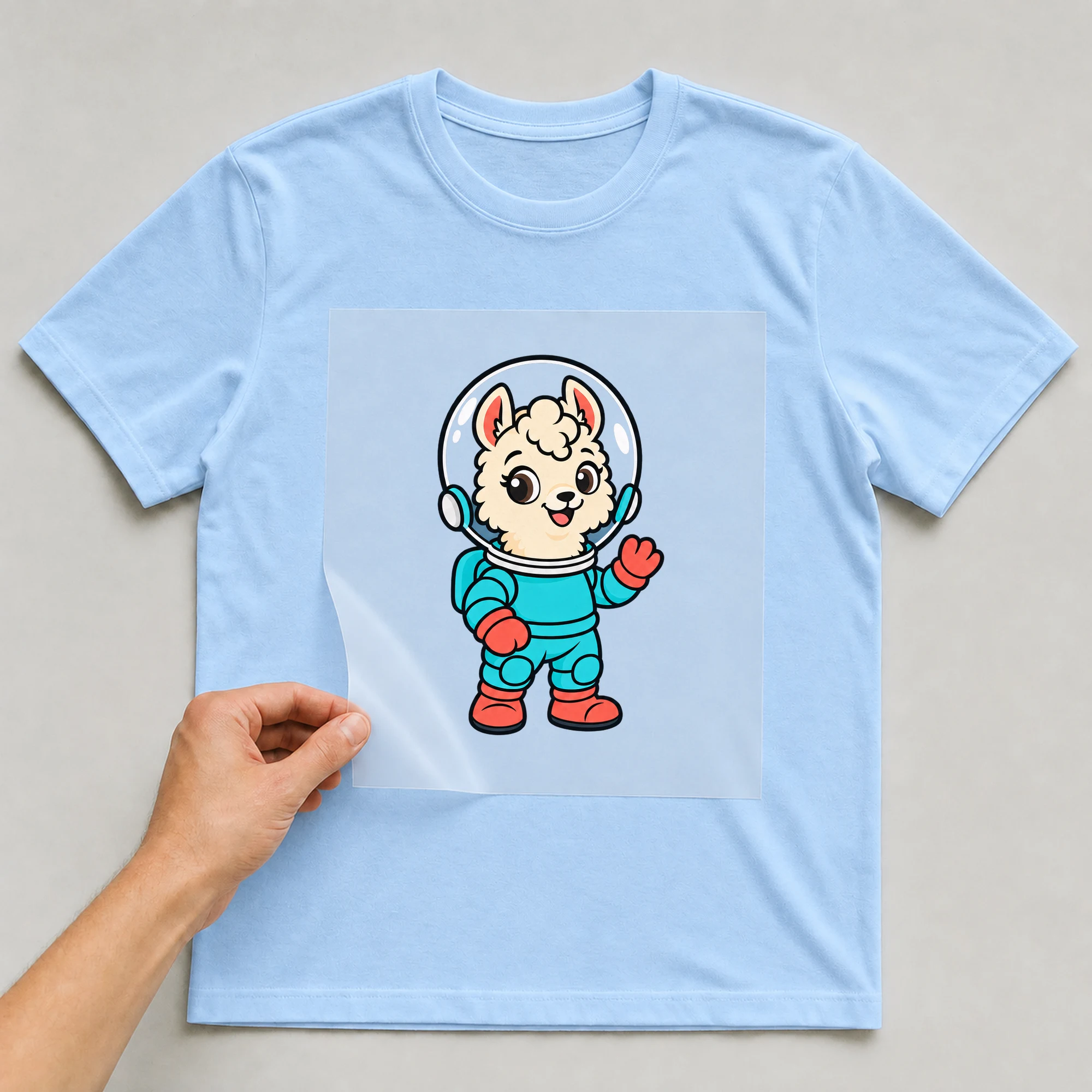Bügelbild „Space Lama“ auf babyblauem T-Shirt, Folie wird aufgelegt