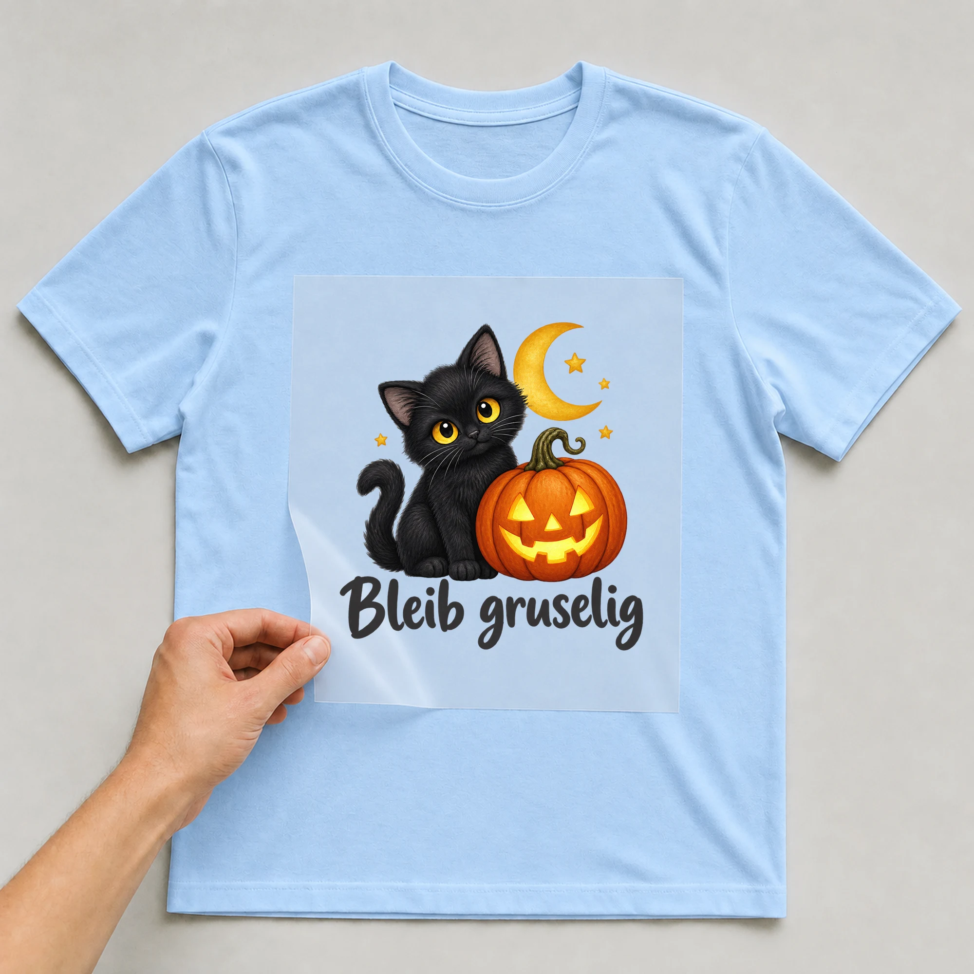 Bügelbild „Bleib gruselig“ auf babyblauem T-Shirt, Folie wird aufgelegt