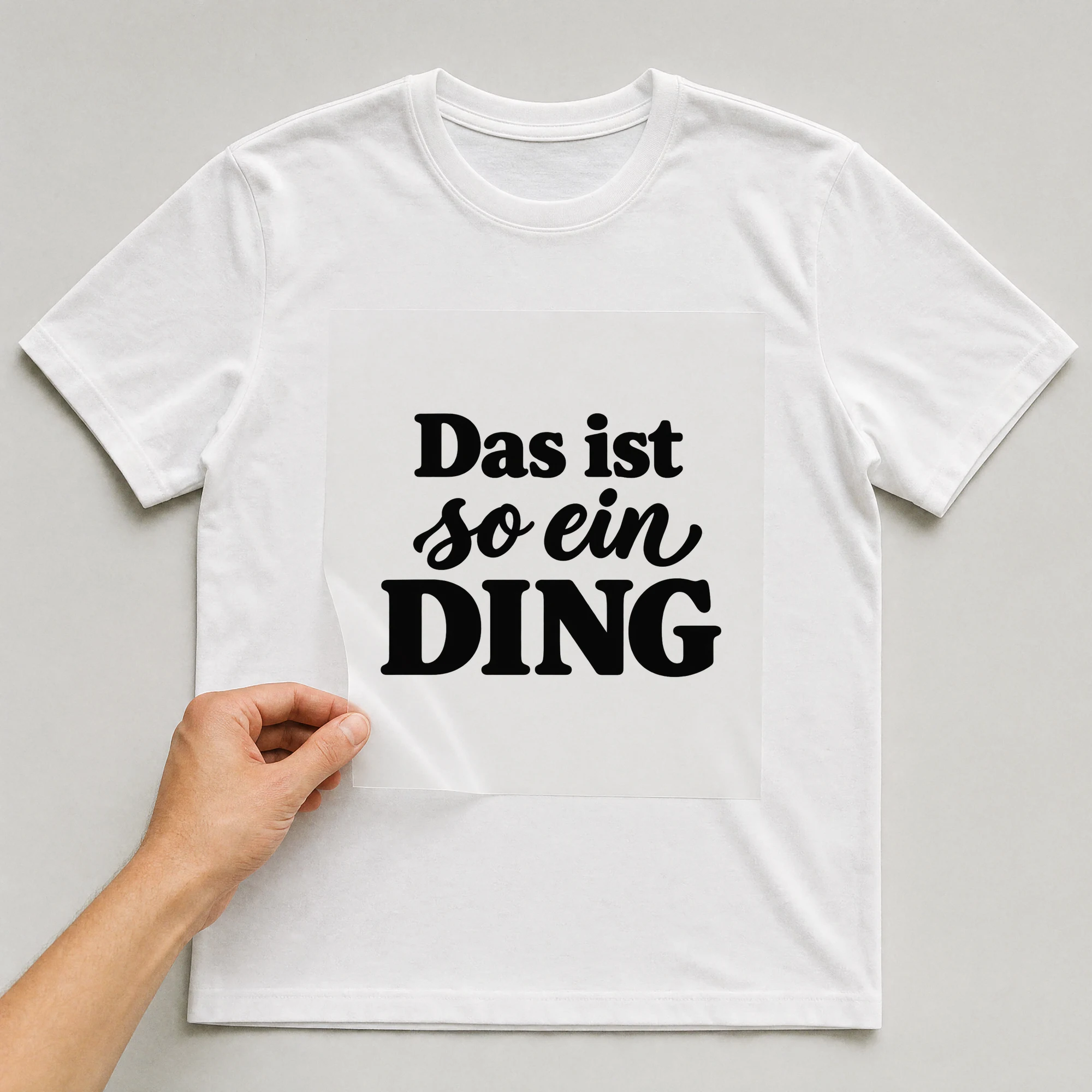 Bügelbild „Das ist so ein Ding“ auf weißem T-Shirt, Folie wird aufgelegt