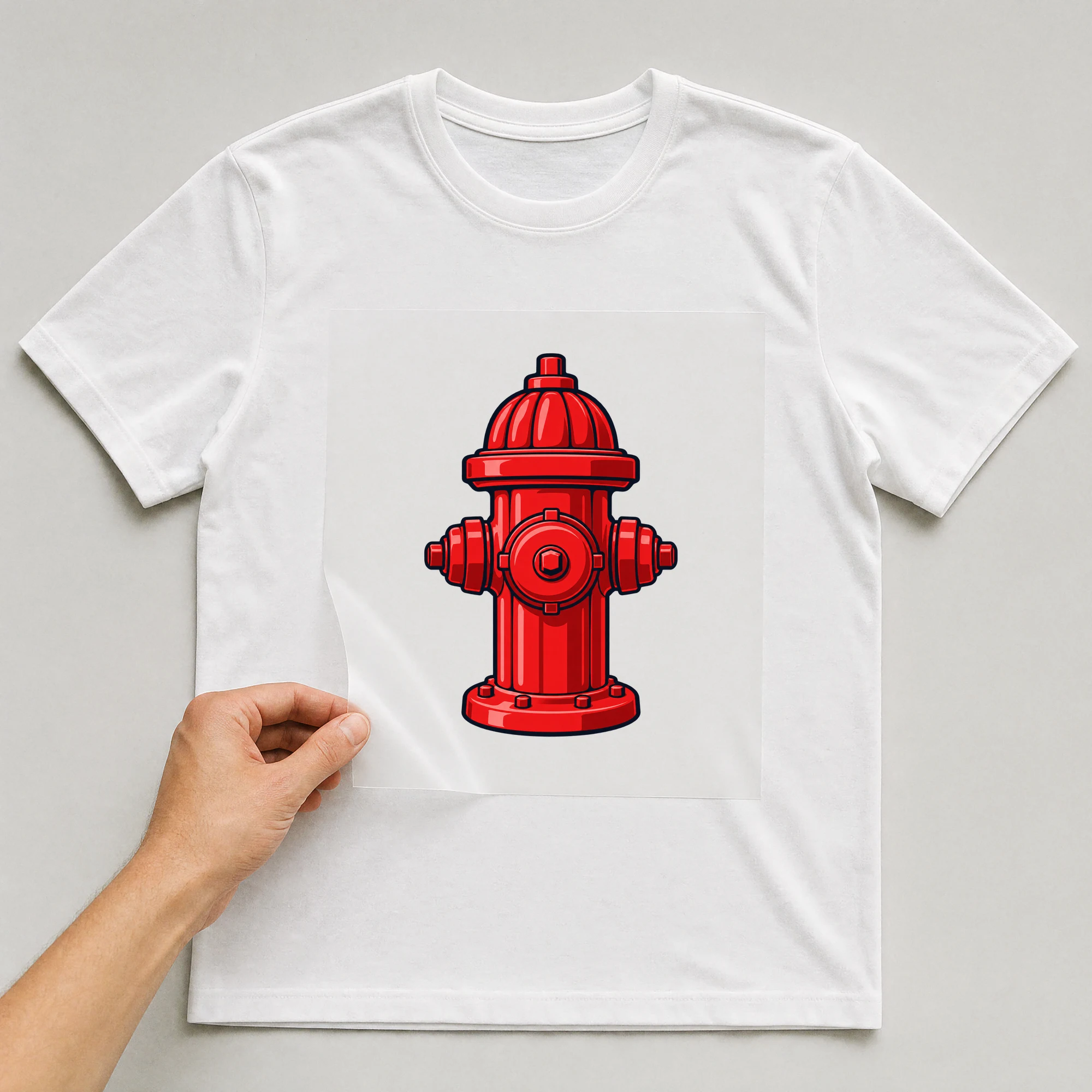 Bügelbild „Rescue Team Hydrant“ auf weißem T-Shirt, Folie wird aufgelegt