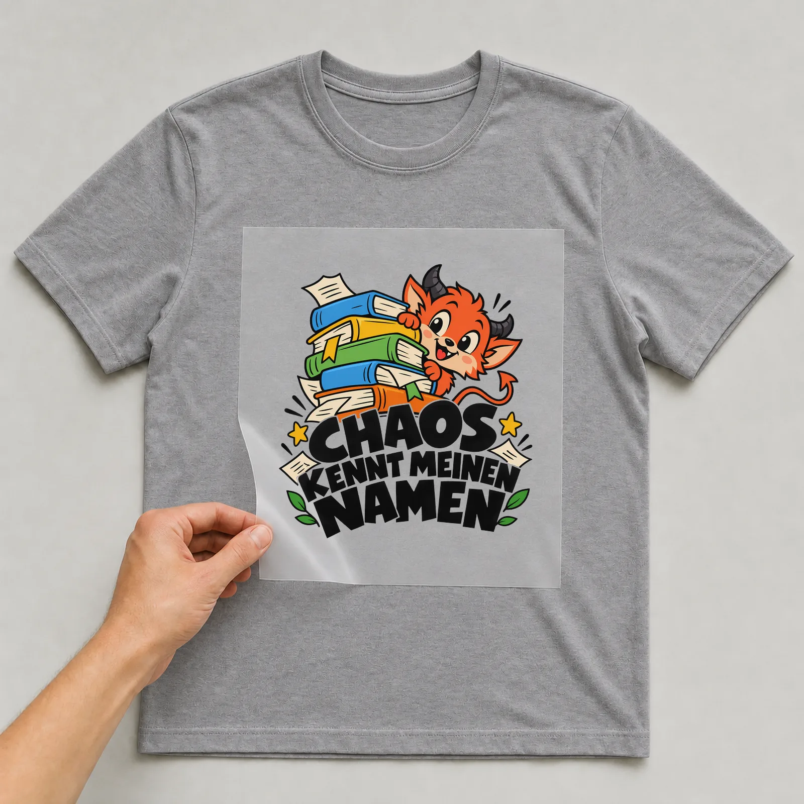 Bügelbild „Chaos kennt meinen Namen“ auf grauem T-Shirt, Folie wird aufgelegt
