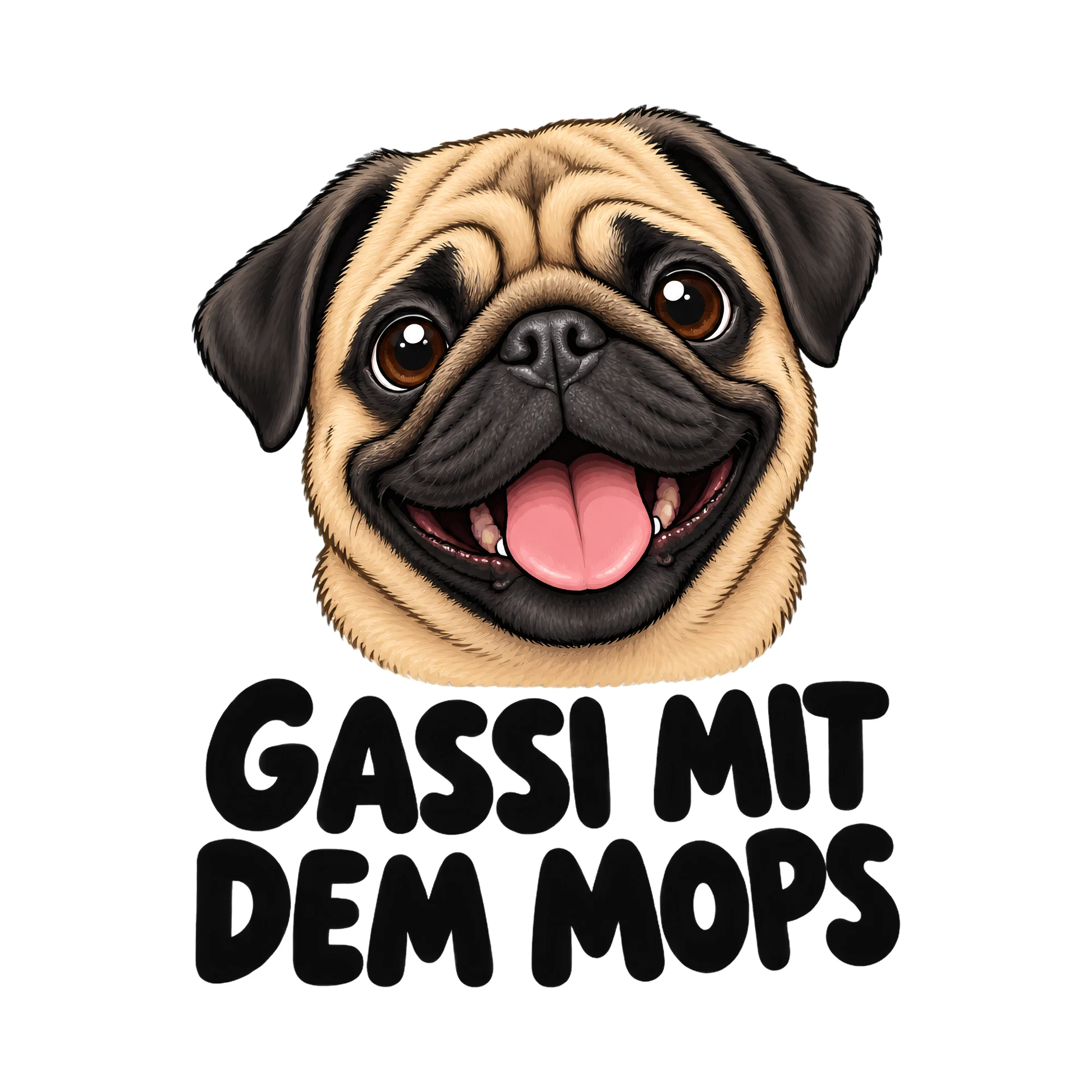 Bügelbild Gassi mit dem Mops, Tiere Shirt Spruch als Grafik auf weißem Hintergrund (BB017201)