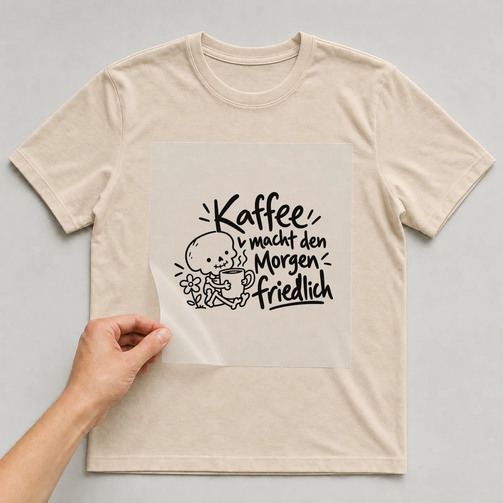 Bügelbild „Kaffee macht den Morgen friedlich“ auf beigem T-Shirt, Folie wird aufgelegt