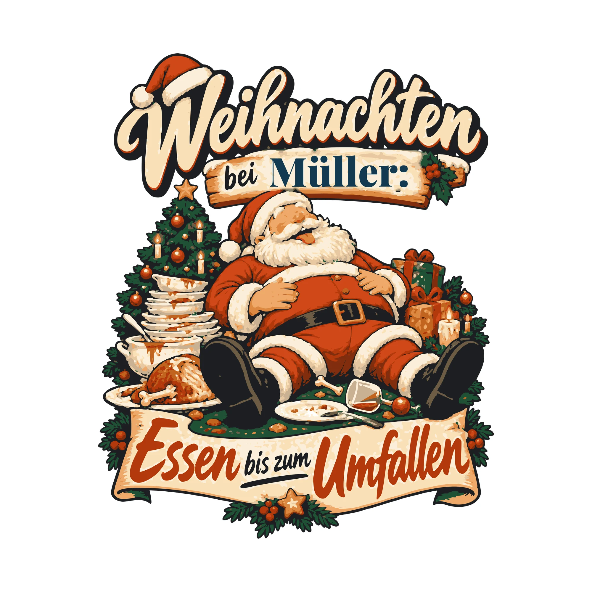 Bügelbild Weihnachten: Essen bis zum Umfallen mit Nachname als Grafik auf weißem Hintergrund (BB011177)