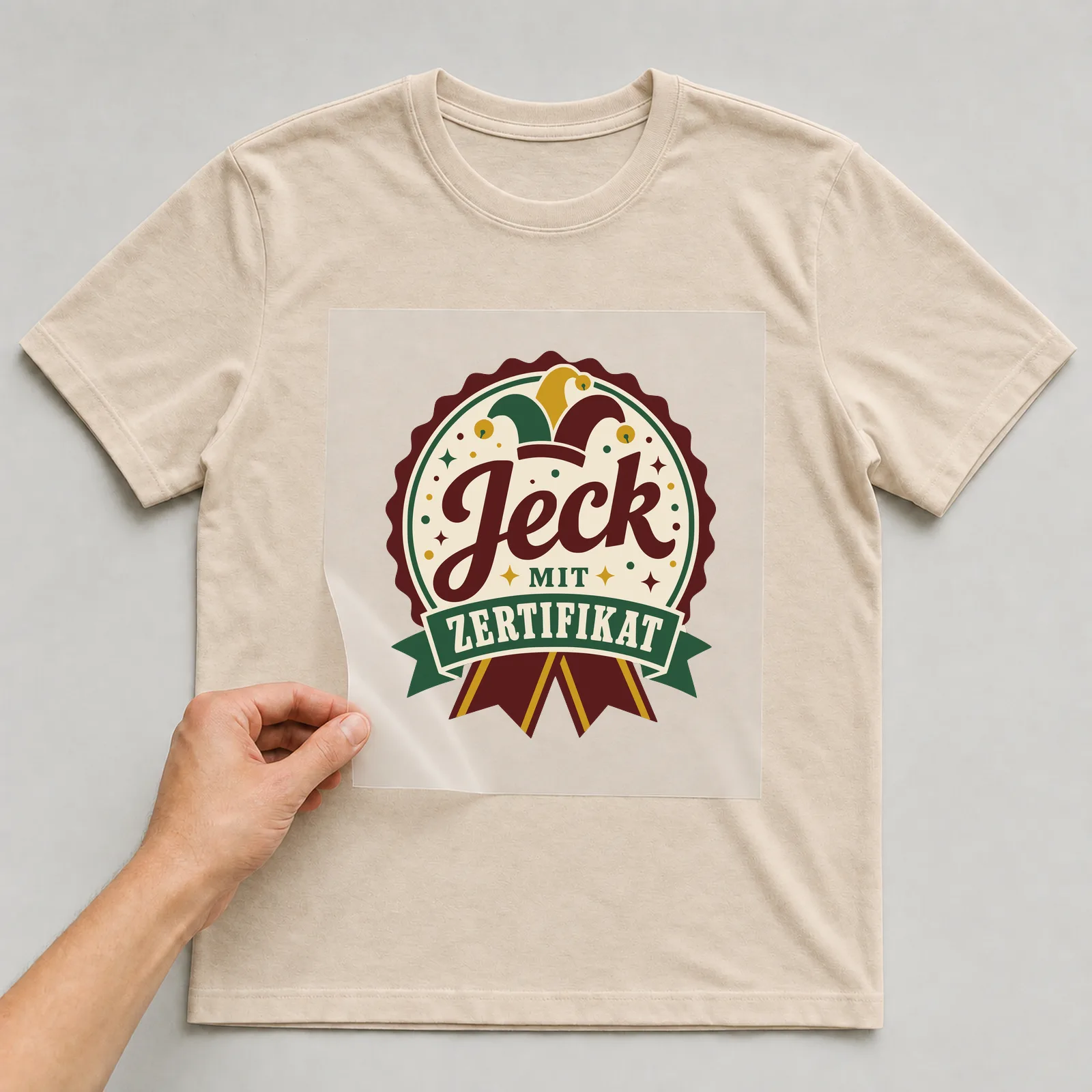 Bügelbild Jeck mit Zertifikat auf beigem T-Shirt, Folie wird aufgelegt