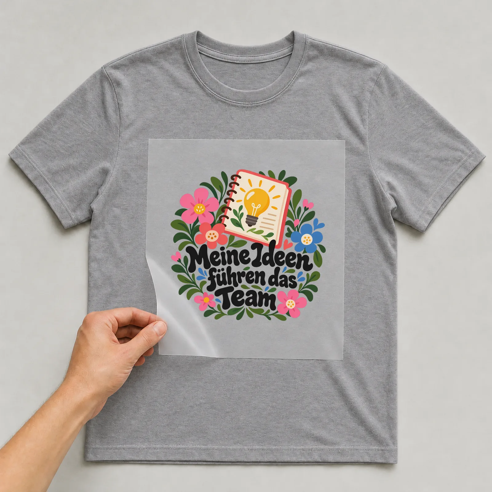 Bügelbild „Meine Ideen führen das Team“ auf grauem T-Shirt, Folie wird aufgelegt