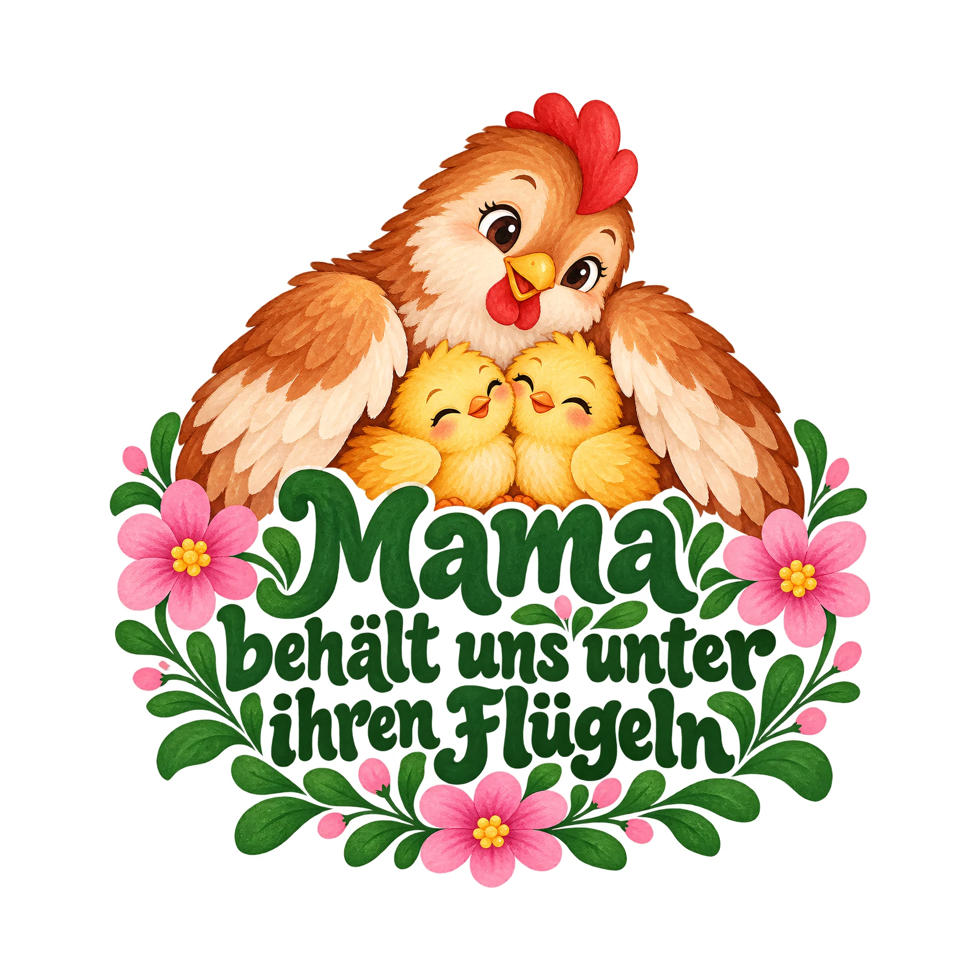 Bügelbild Mama behält uns unter ihren Flügeln als Grafik auf weißem Hintergrund (BB012401)