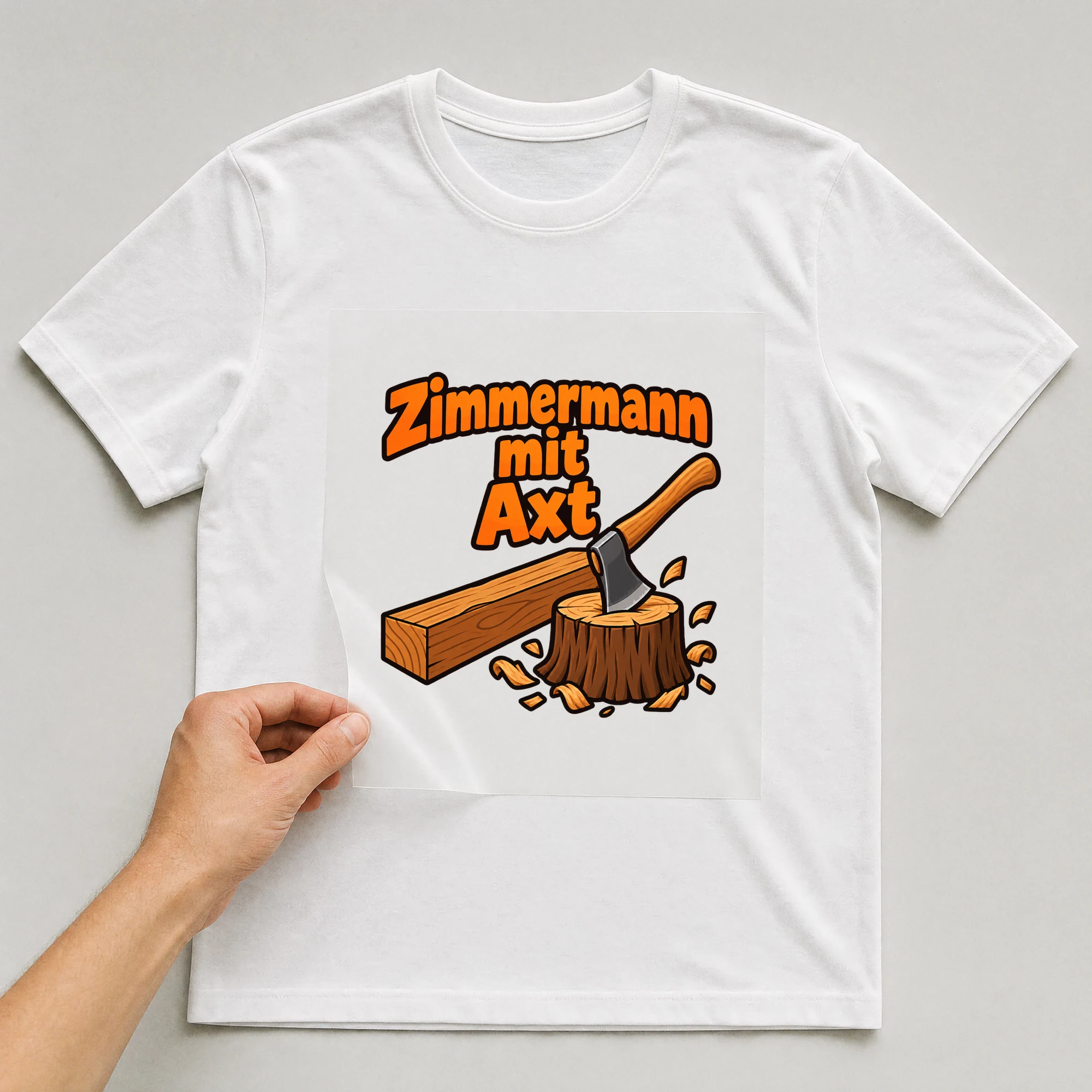 Bügelbild „Zimmermann mit Axt“ auf weißem T-Shirt, Folie wird aufgelegt
