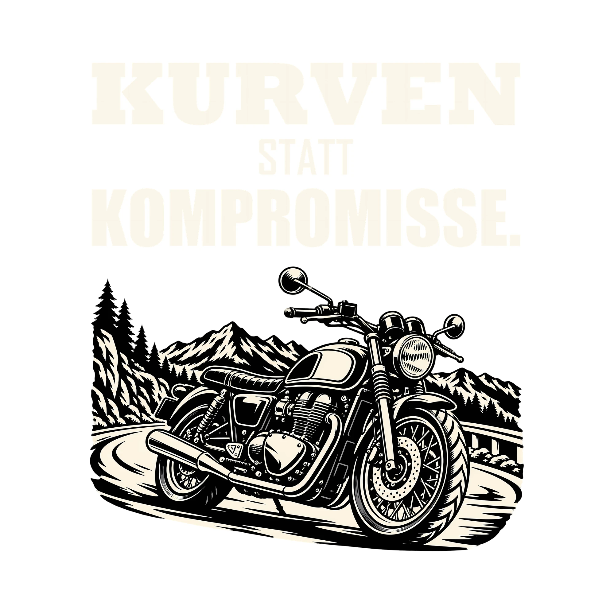 Bügelbild KURVEN STATT KOMPROMISSE. als Grafik auf weißem Hintergrund (BB012727)