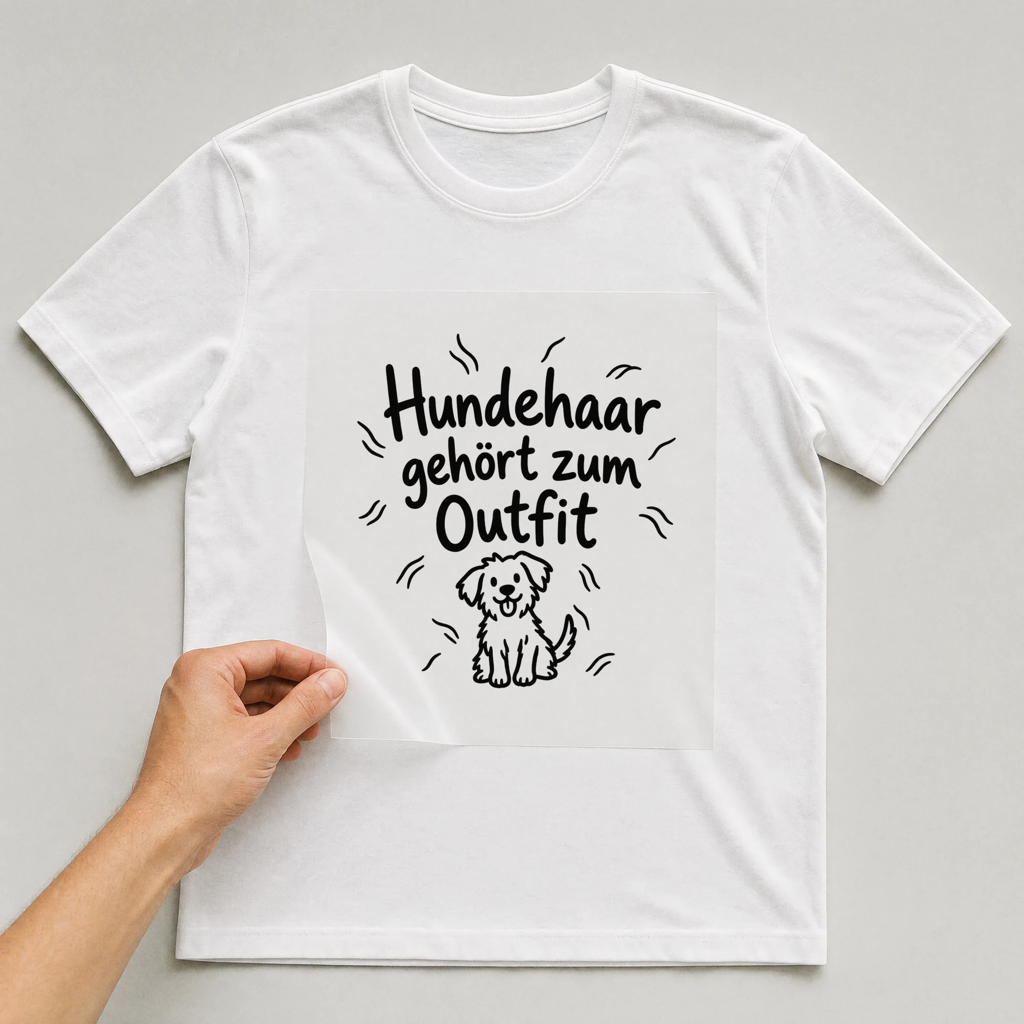 Bügelbild „Hundehaar gehört zum Outfit“ auf weißem T-Shirt, Folie wird aufgelegt