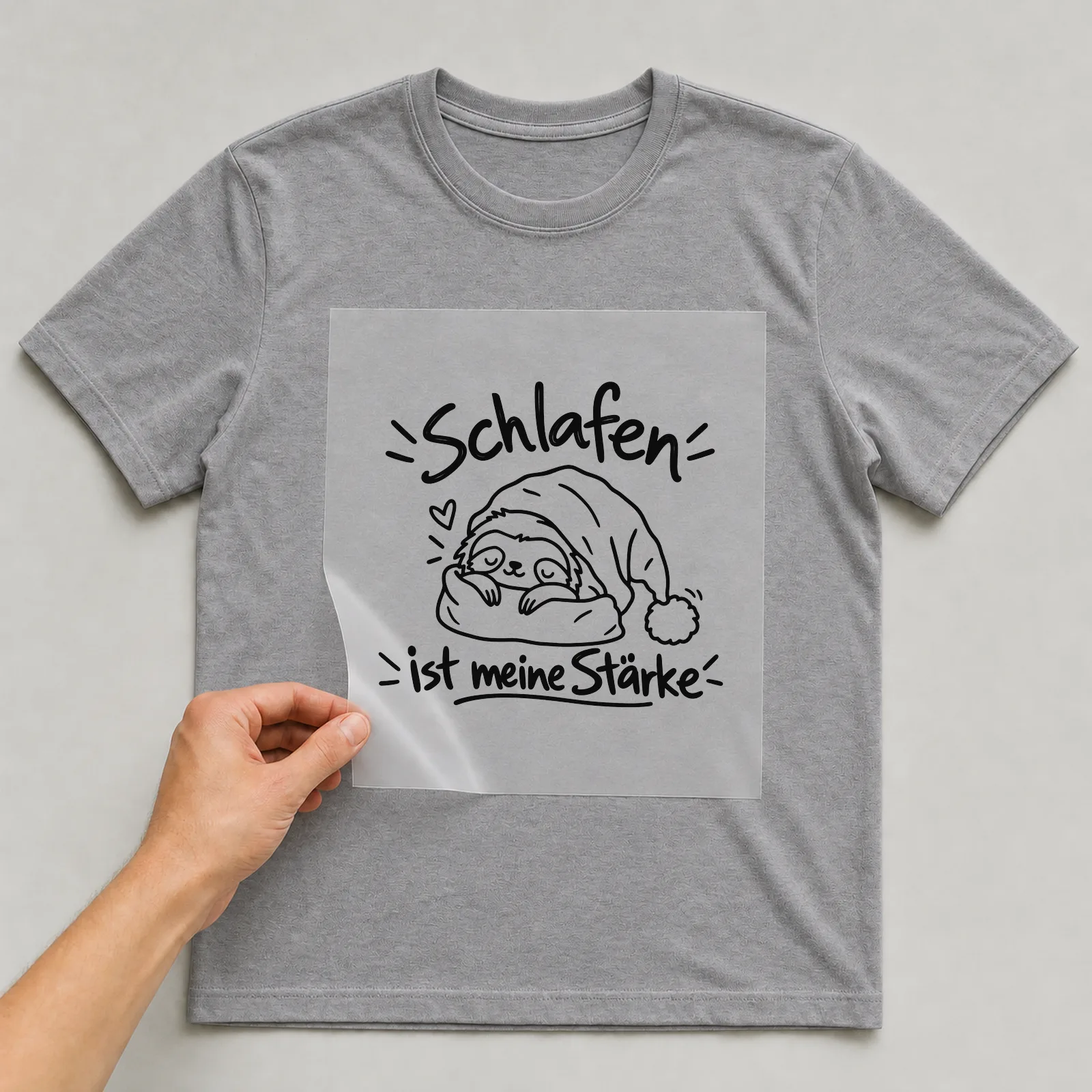 Bügelbild „Schlafen ist meine Stärke“ auf grauem T-Shirt, Folie wird aufgelegt