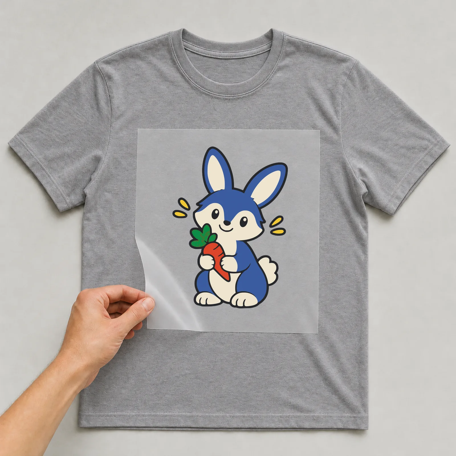 Bügelbild Kaninchen im Comic-Stil auf grauem T-Shirt, Folie wird aufgelegt