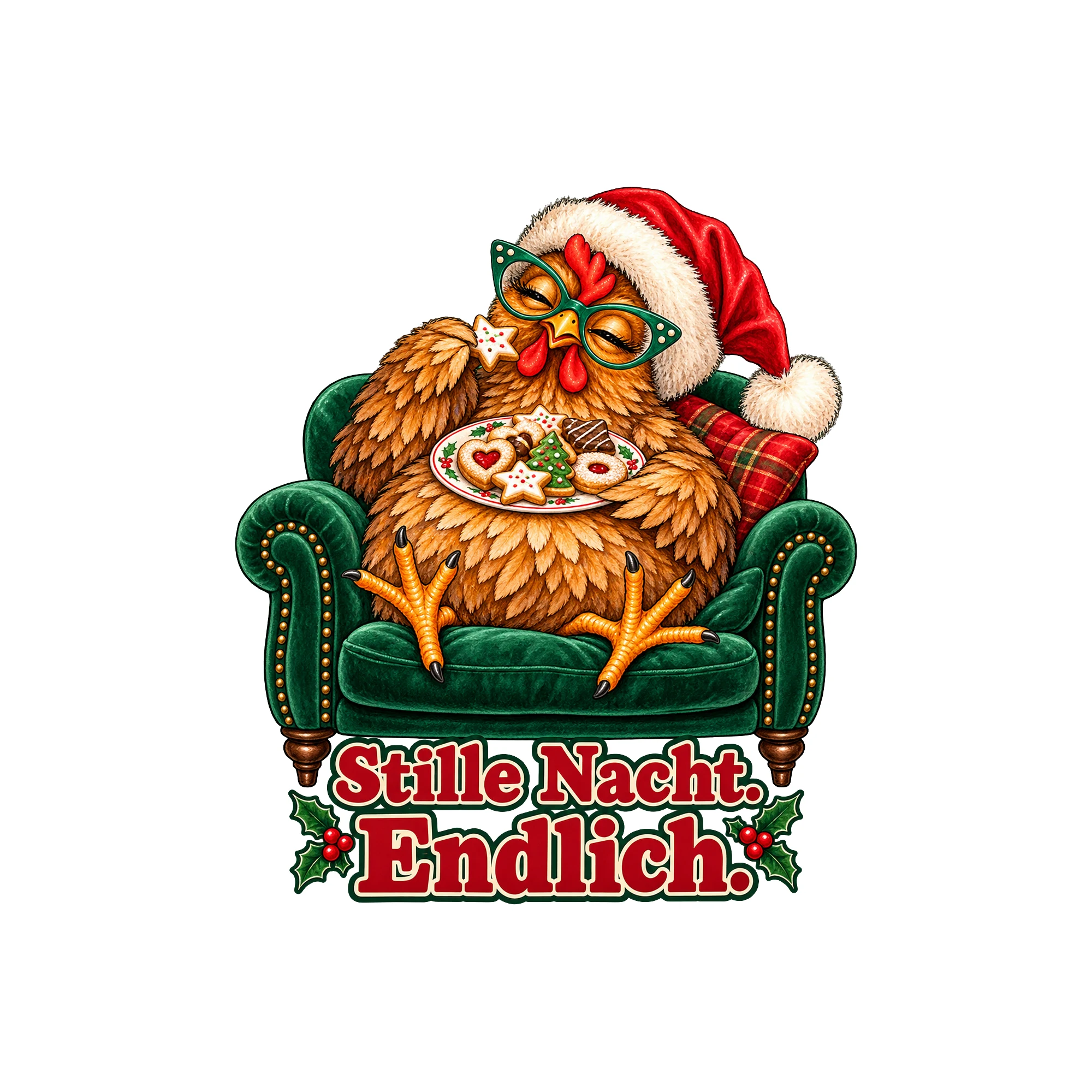 Bügelbild Weihnachtshuhn im Sessel als Grafik auf weißem Hintergrund (BB011386)