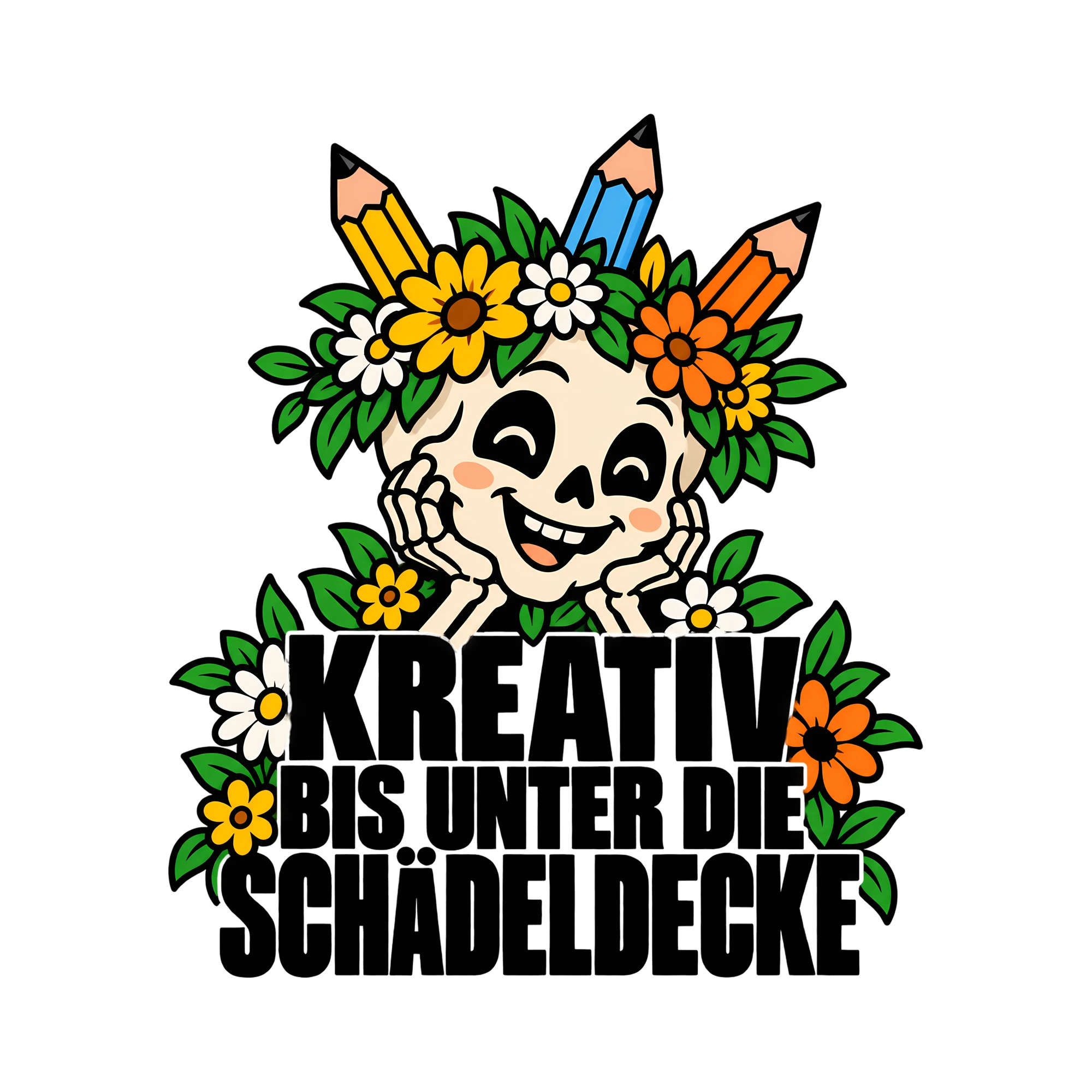 Bügelbild KREATIV BIS UNTER DIE SCHÄDELDECKE als Grafik auf weißem Hintergrund (BB012963)