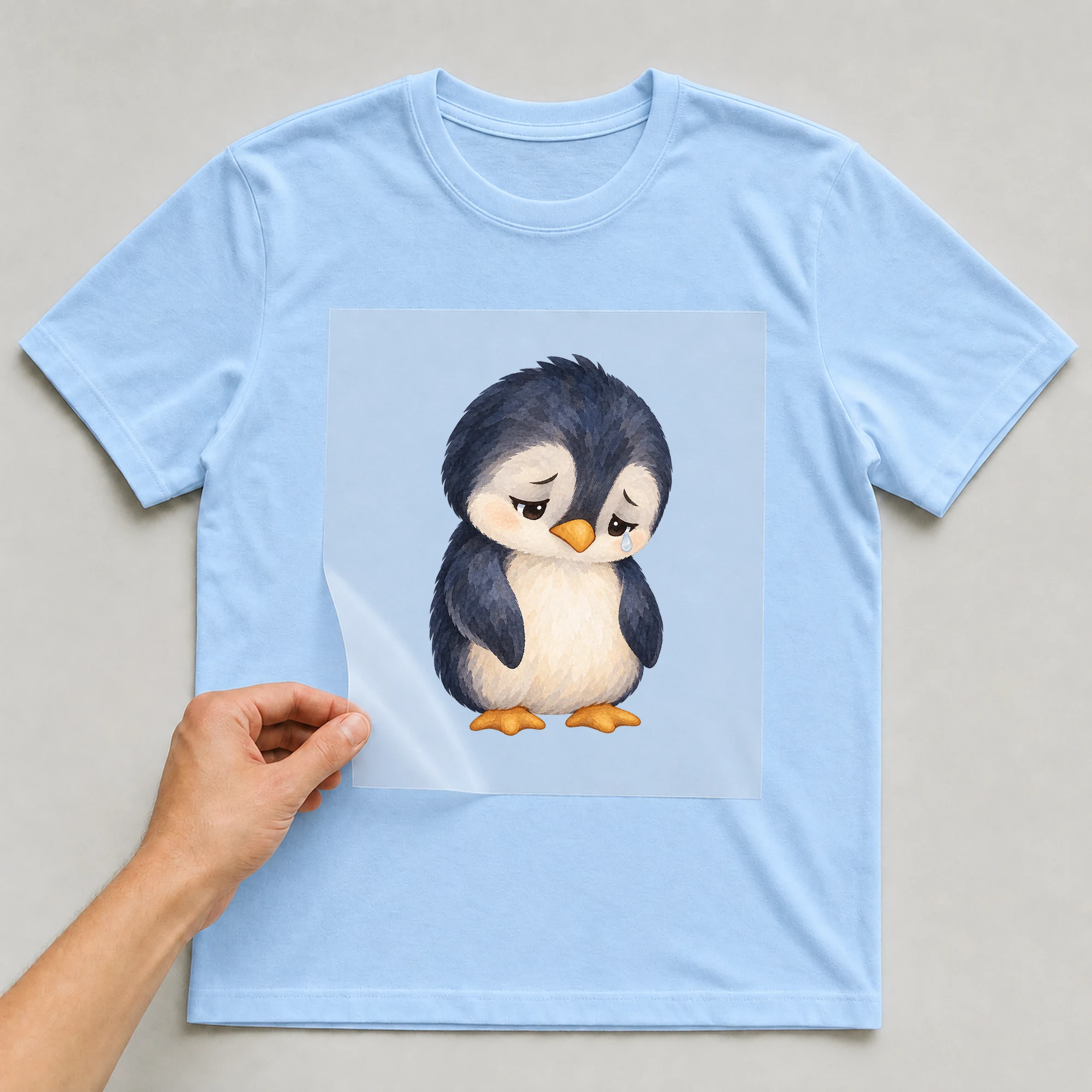 Bügelbild „Sad Penguin“ auf babyblauem T-Shirt, Folie wird aufgelegt