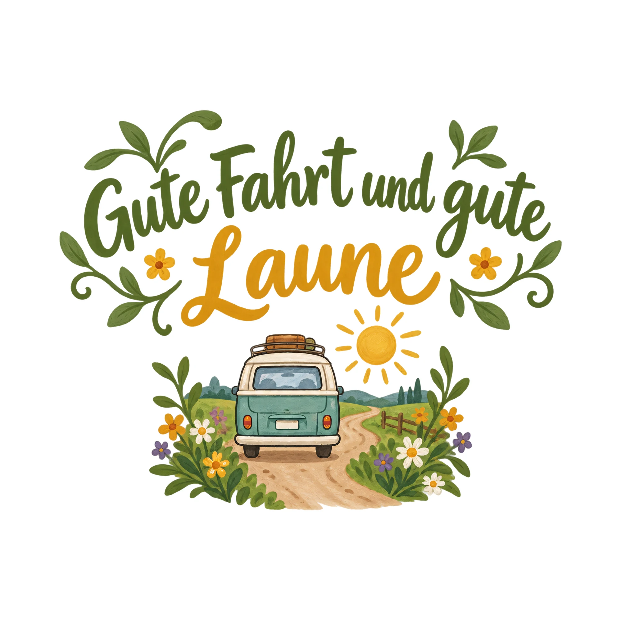 Bügelbild Gute Fahrt und gute Laune als Grafik auf weißem Hintergrund (BB020292)