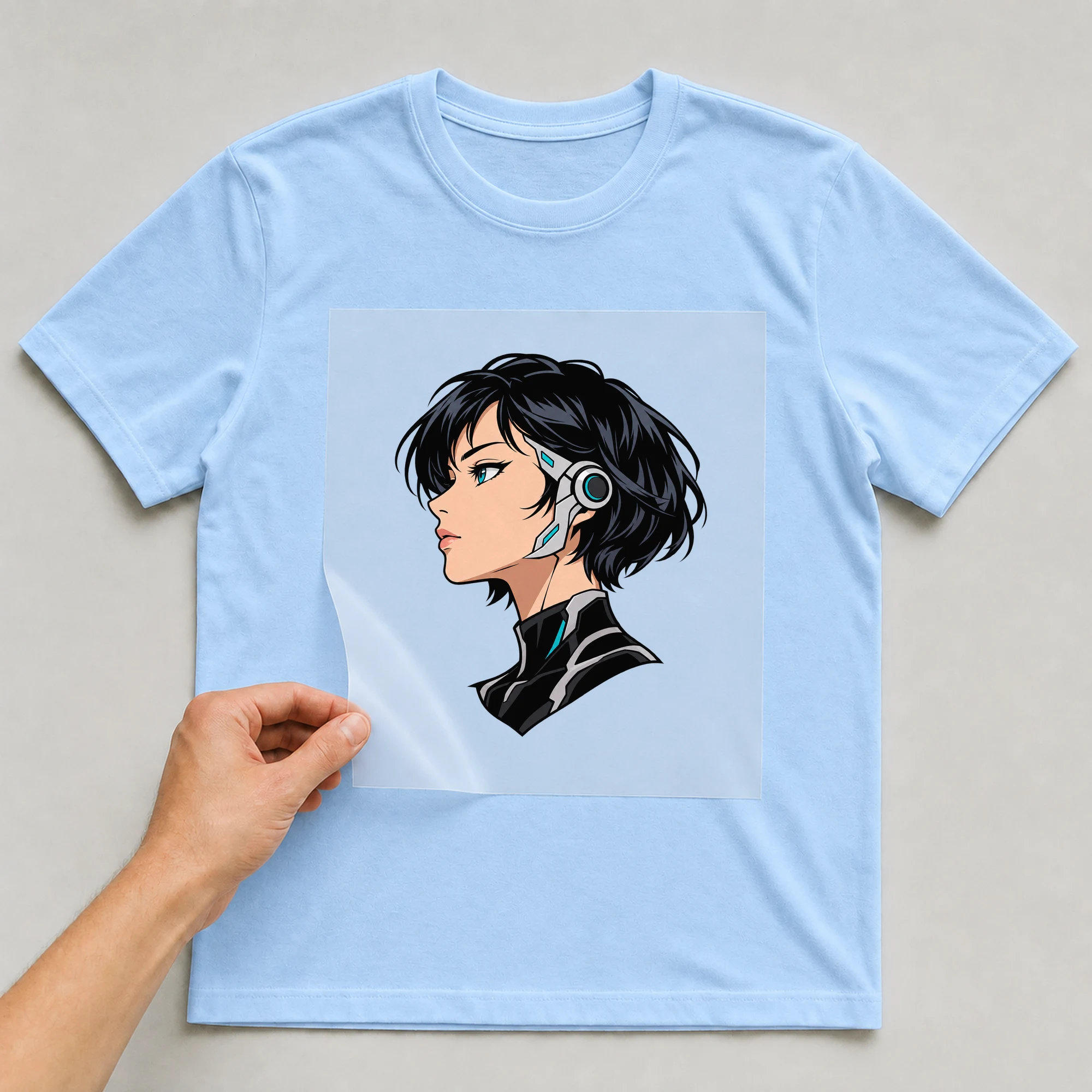 Bügelbild „Mecha Queen“ auf babyblauem T-Shirt, Folie wird aufgelegt