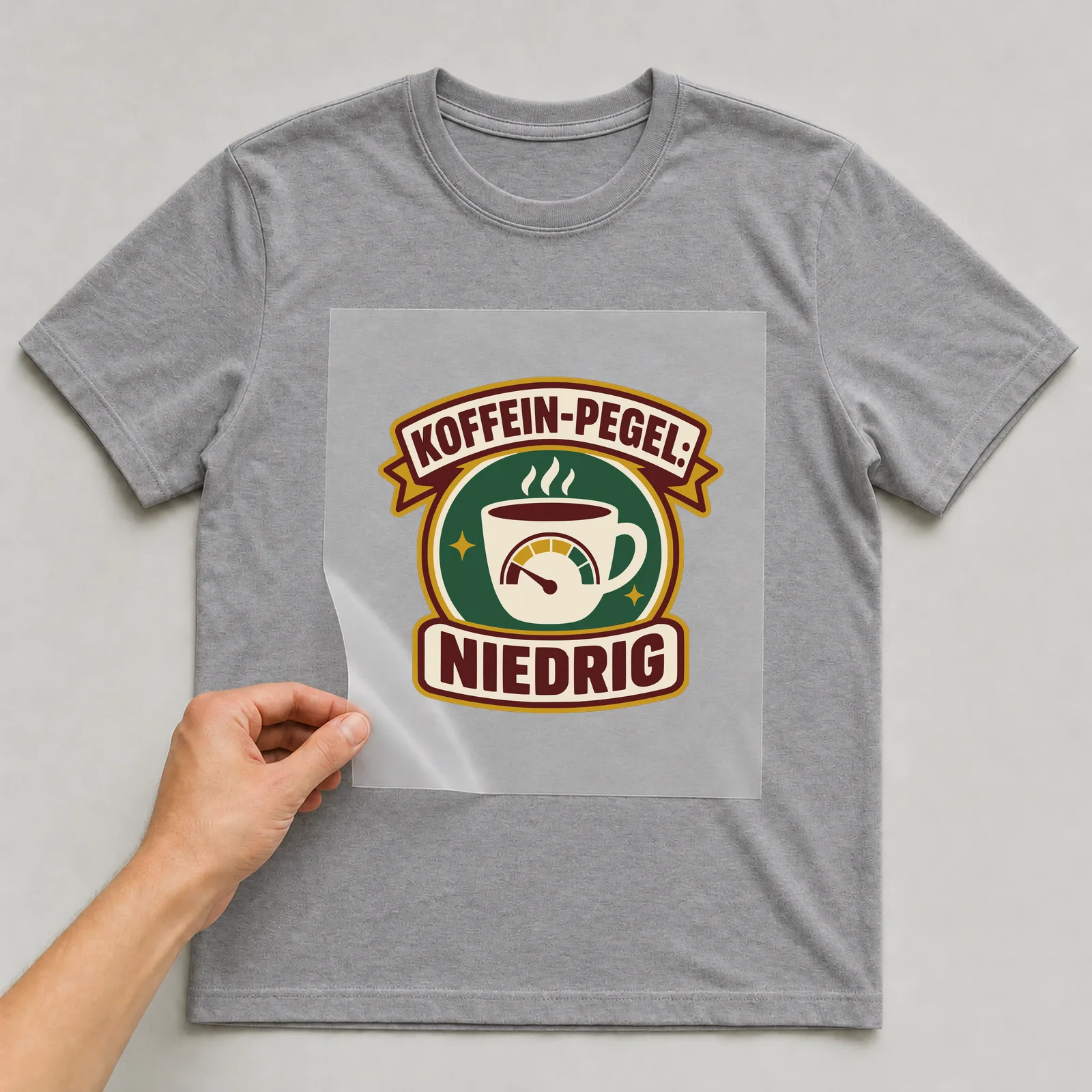 Bügelbild Koffein-Pegel: niedrig auf grauem T-Shirt, Folie wird aufgelegt