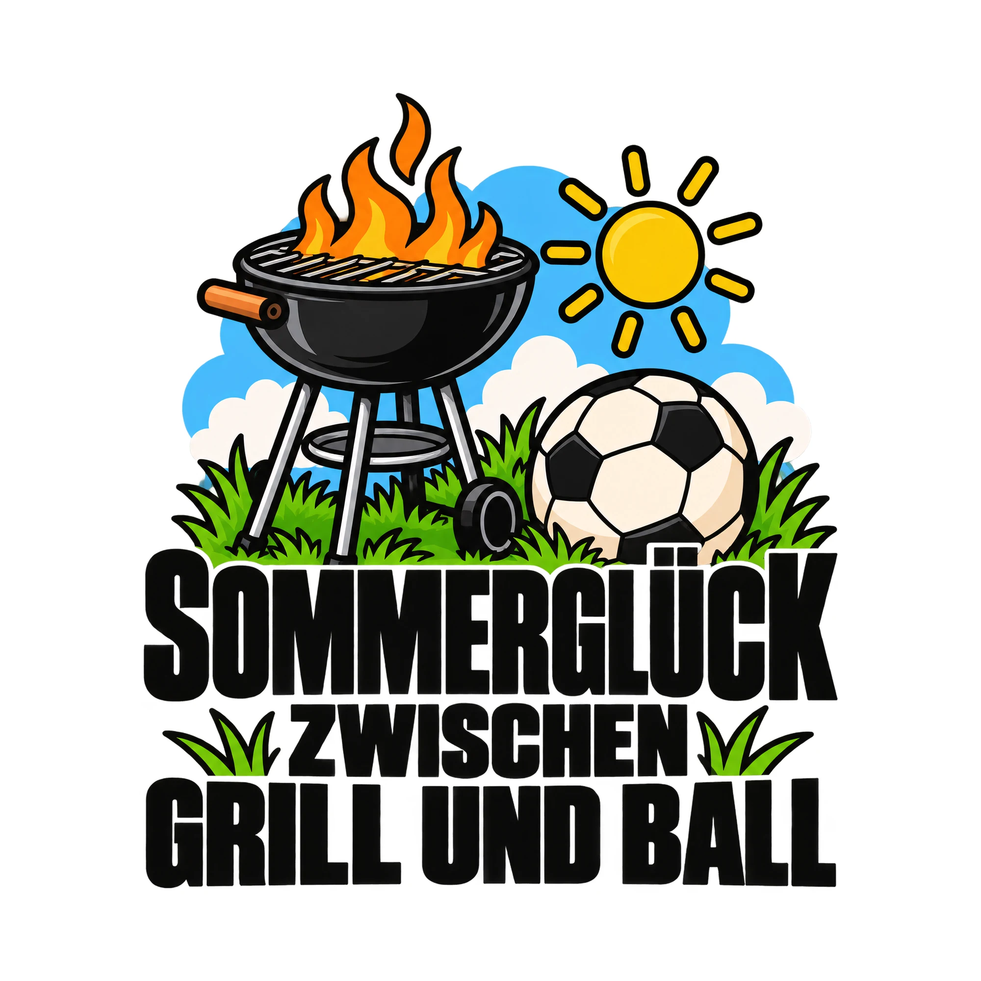 Bügelbild SOMMERGLÜCK ZWISCHEN GRILL UND BALL als Grafik auf weißem Hintergrund (BB012162)