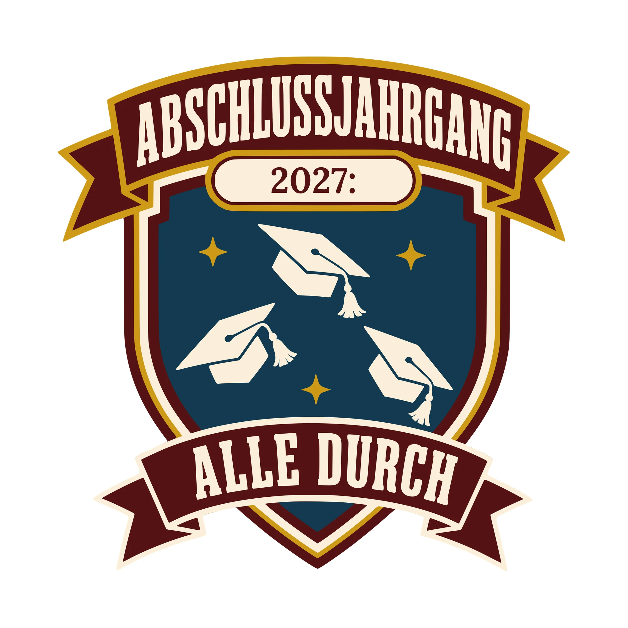 Bügelbild Abschlussjahrgang: Alle durch mit Jahr als Grafik auf weißem Hintergrund (BB010533)