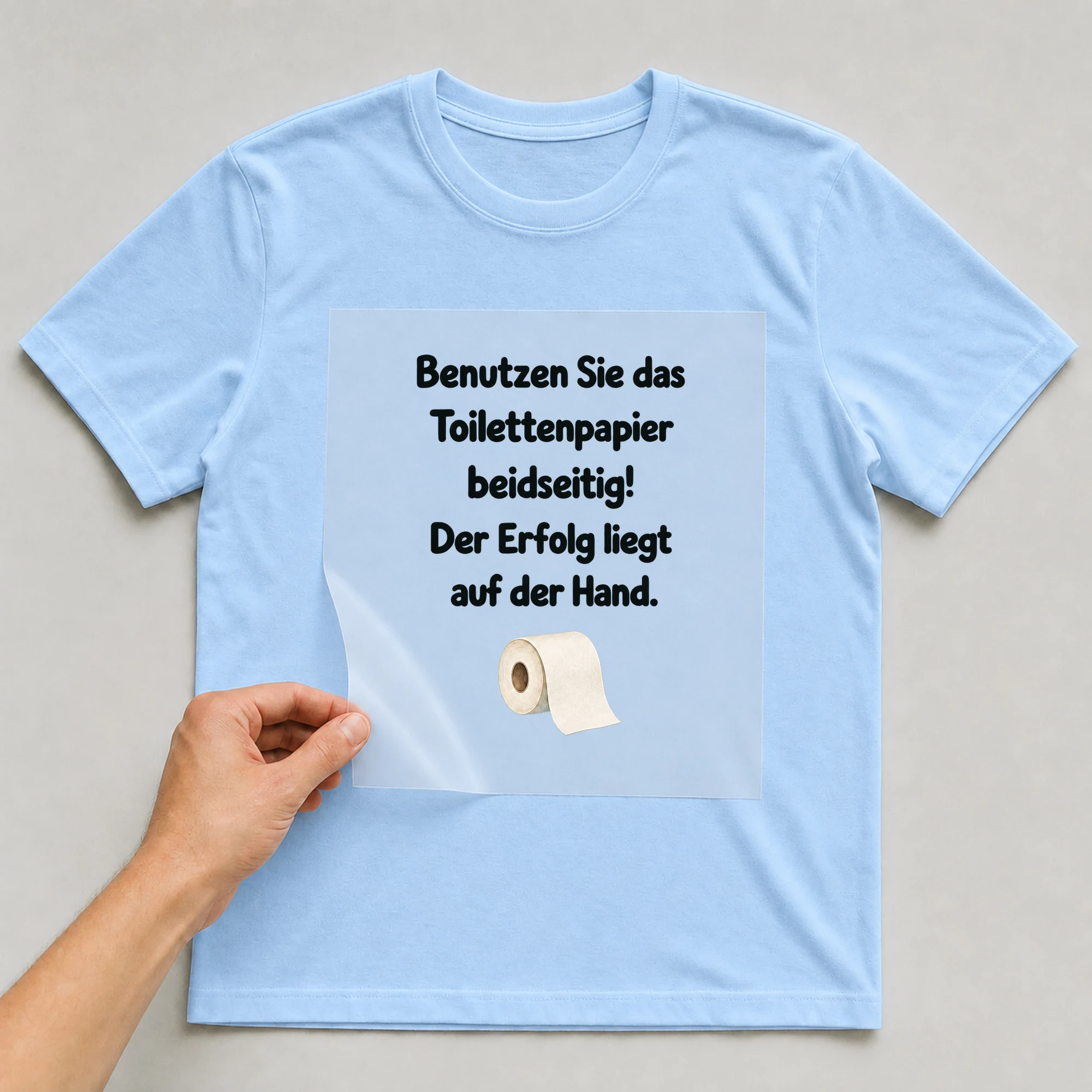 Bügelbild „Benutzen Sie das Toilettenpapier beidseitig! Der Erfolg liegt auf der Hand.“ auf babyblauem T-Shirt, Folie wird aufgelegt