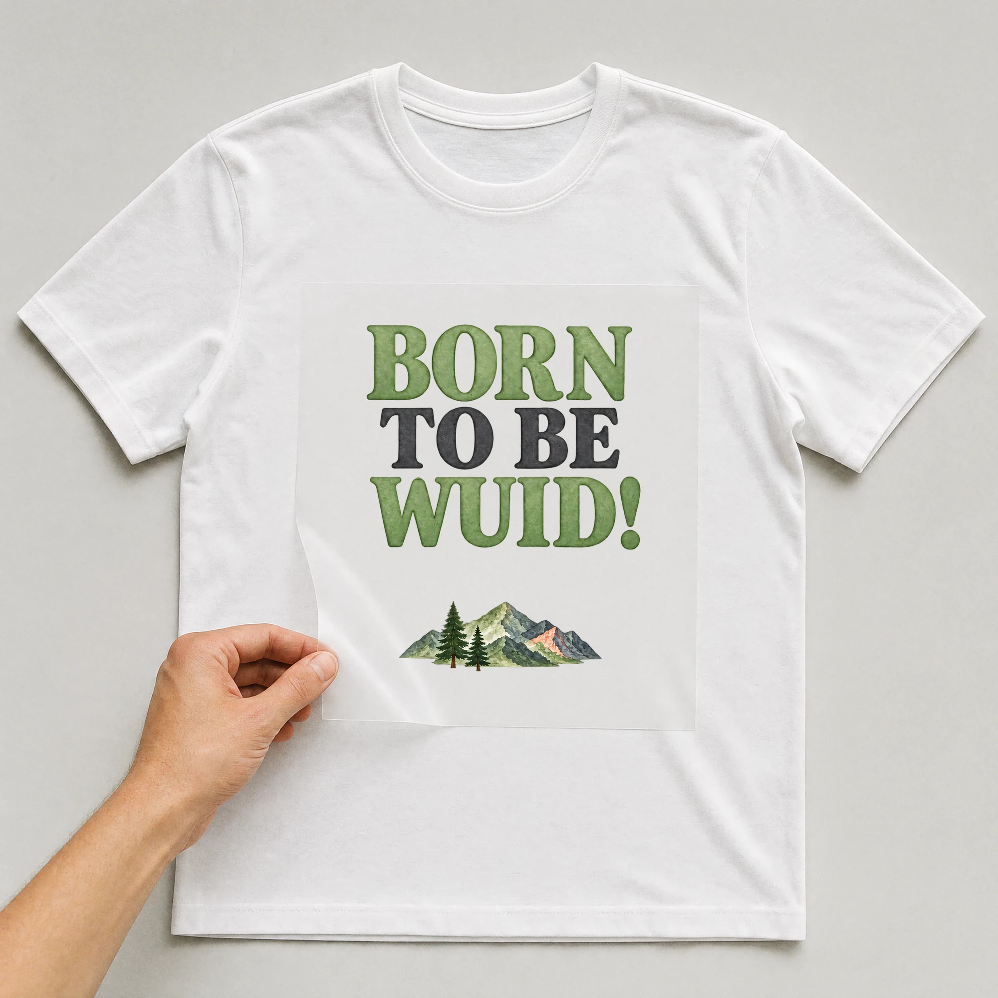 Bügelbild „BORN TO BE WUID!“ auf weißem T-Shirt, Folie wird aufgelegt