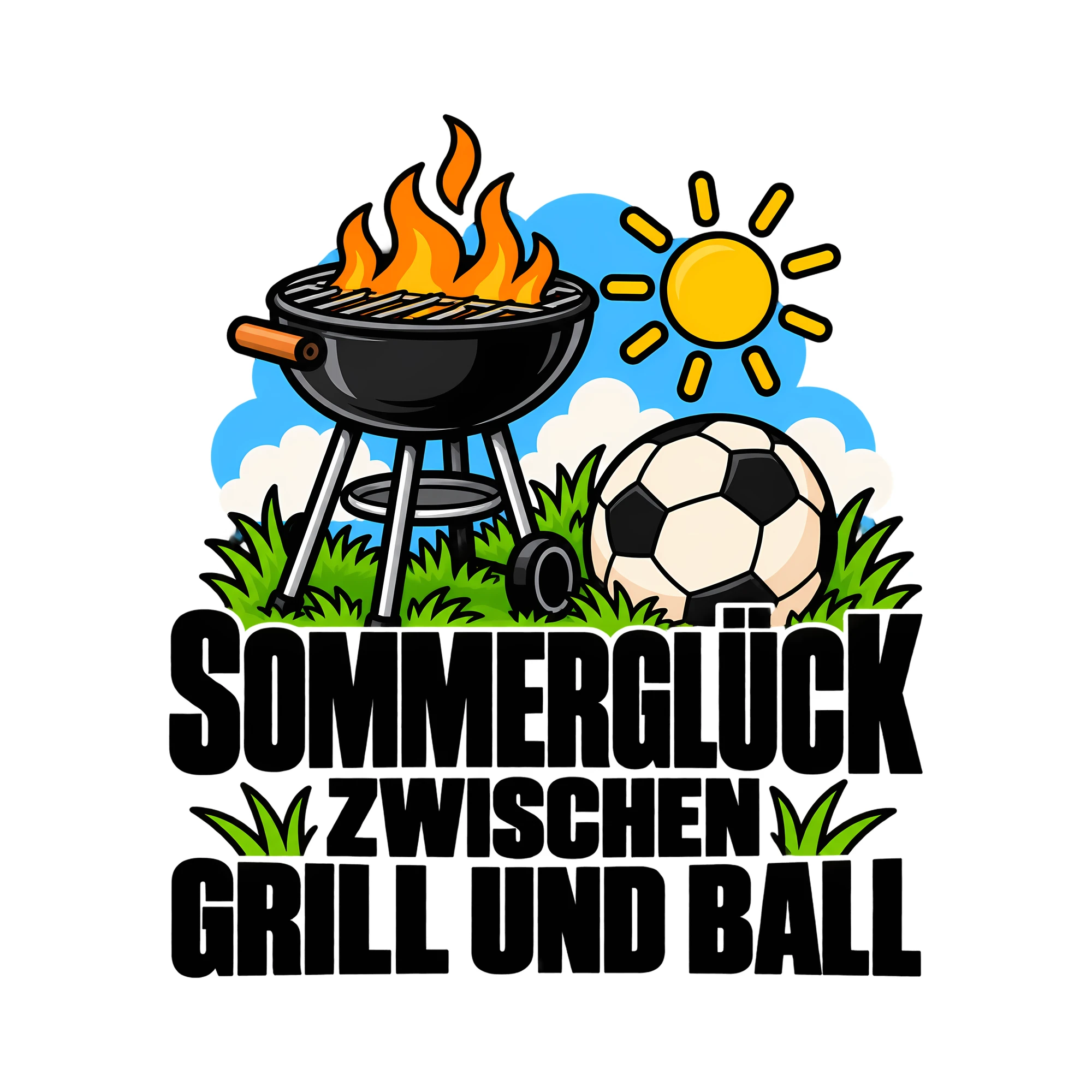 Bügelbild SOMMERGLÜCK ZWISCHEN GRILL UND BALL als Grafik auf weißem Hintergrund (BB012162)