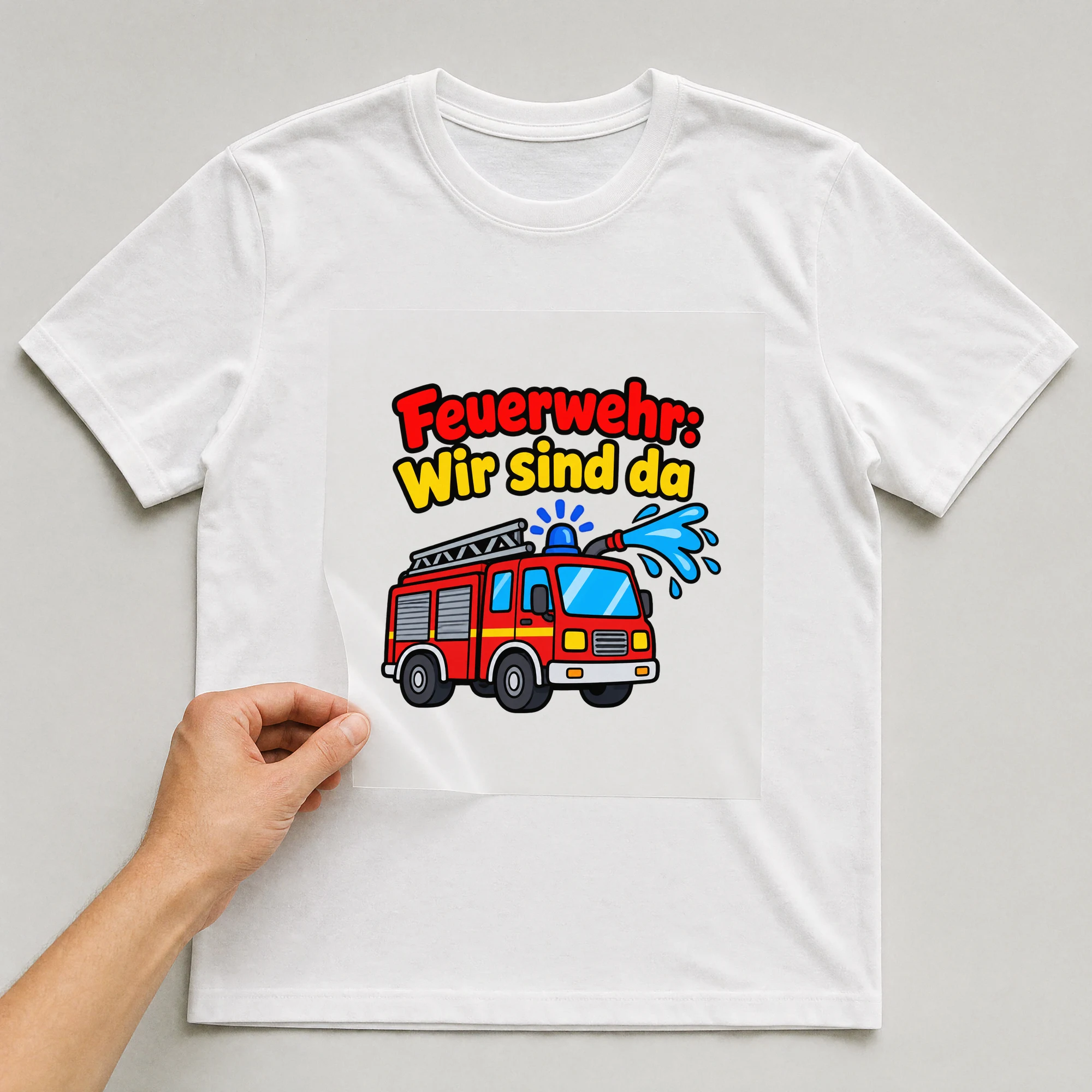 Bügelbild „Feuerwehr: Wir sind da“ auf weißem T-Shirt, Folie wird aufgelegt