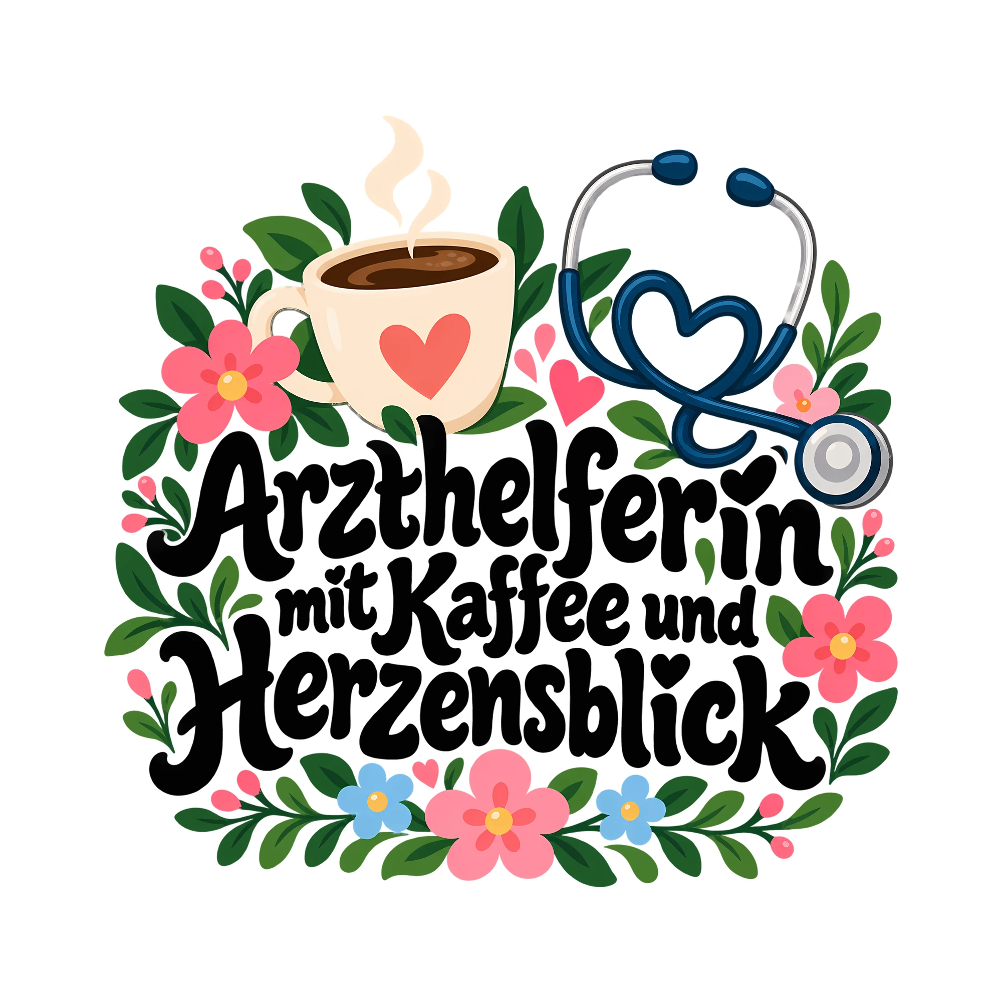 Bügelbild Arzthelferin mit Kaffee und Herzensblick als Grafik auf weißem Hintergrund (BB012232)