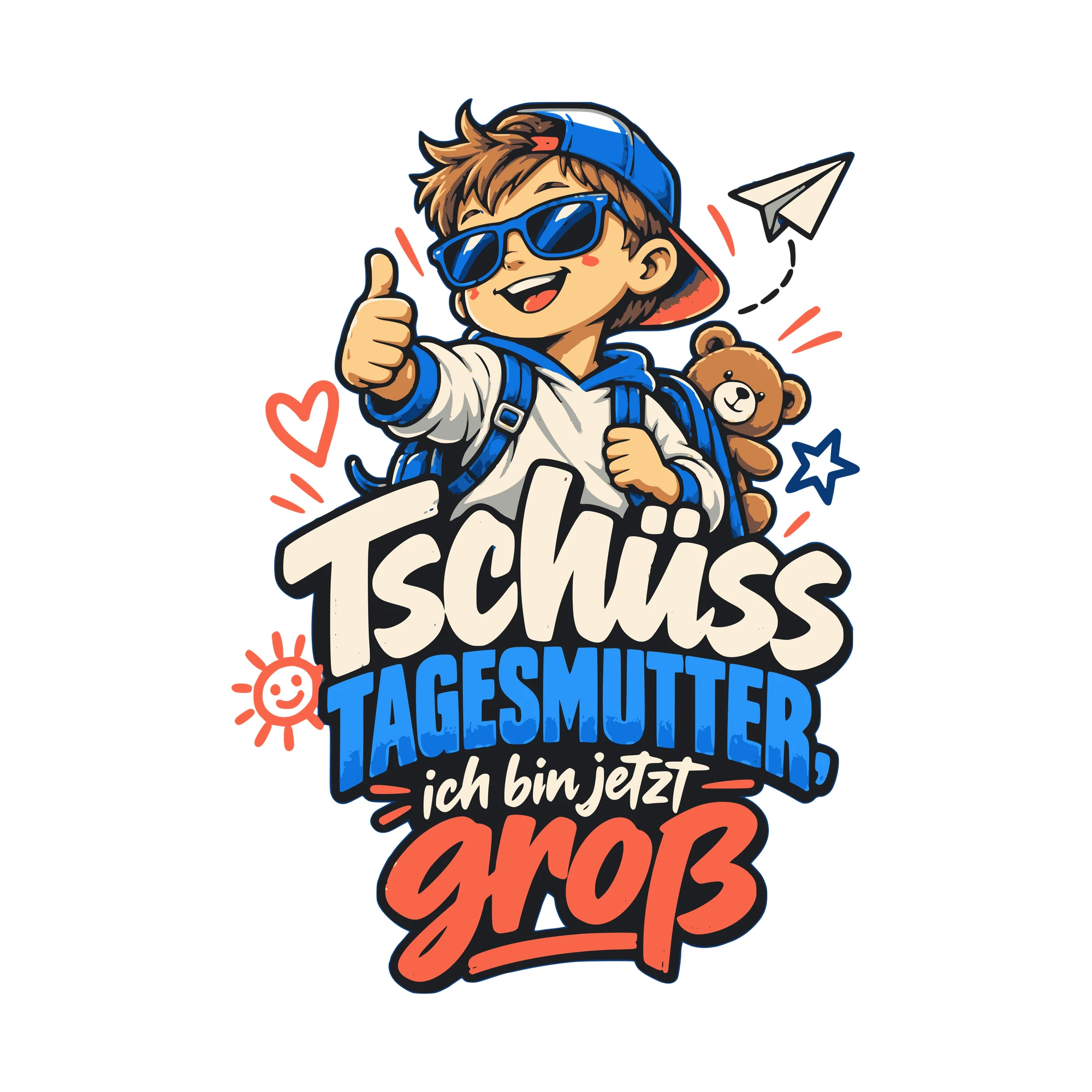 Bügelbild Tschüss Tagesmutter, ich bin jetzt groß als Grafik auf weißem Hintergrund (BB011269)