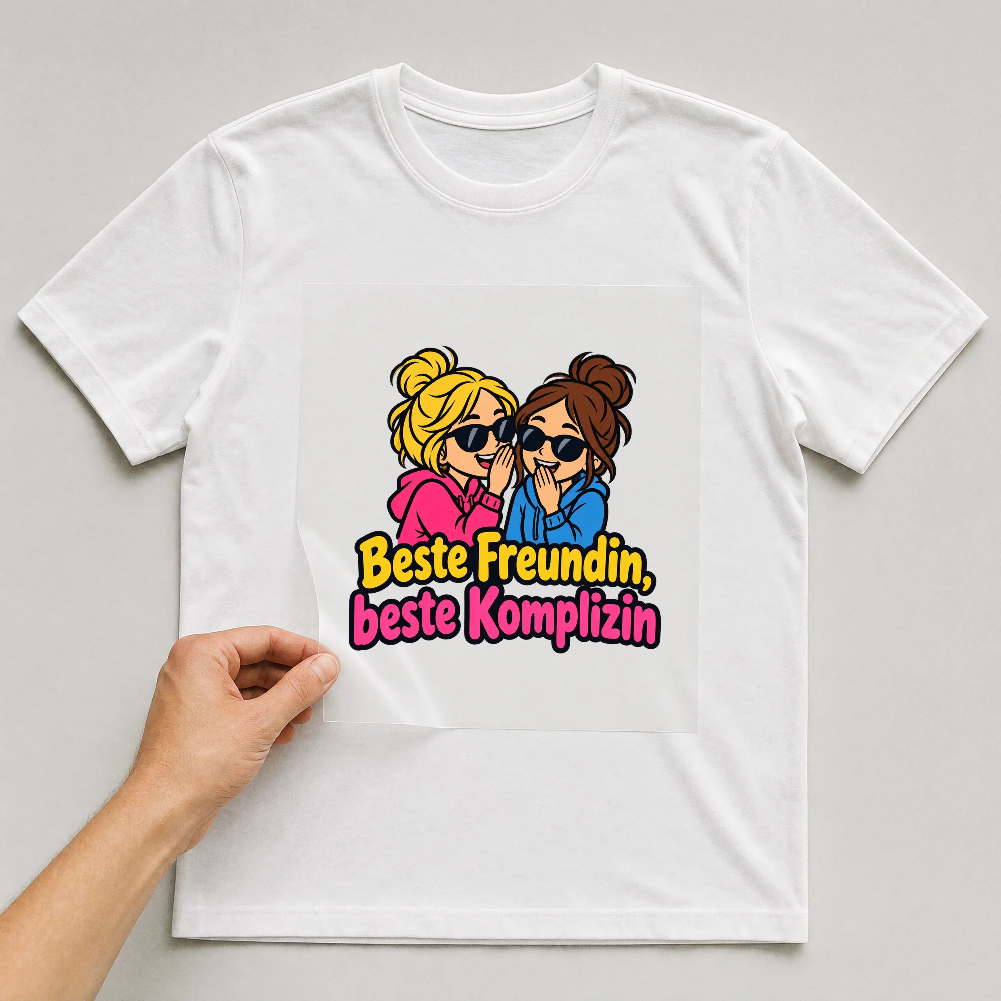Bügelbild „Beste Freundin, beste Komplizin“ auf weißem T-Shirt, Folie wird aufgelegt