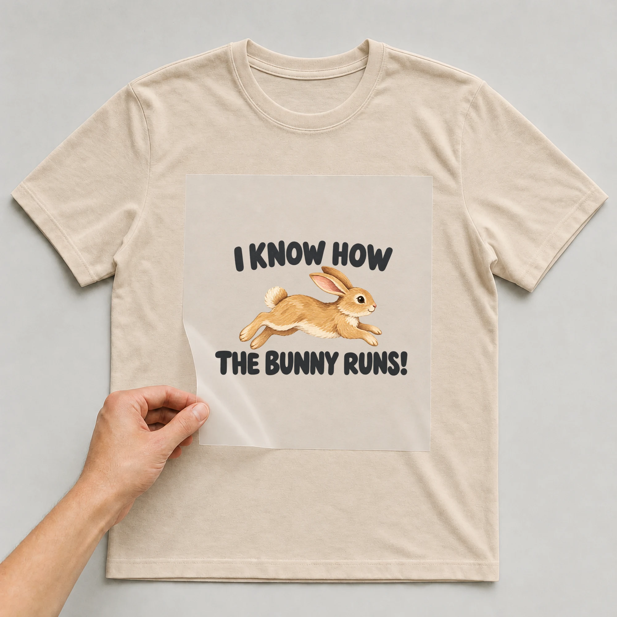 Bügelbild „I Know How The Bunny Runs!“ auf beigem T-Shirt, Folie wird aufgelegt