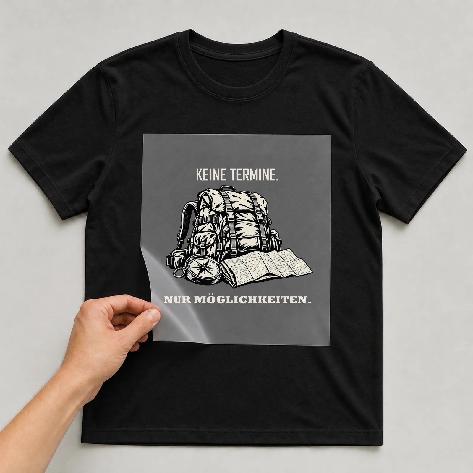 Bügelbild „Keine Termine. Nur Möglichkeiten.“ auf schwarzem T-Shirt, Folie wird aufgelegt