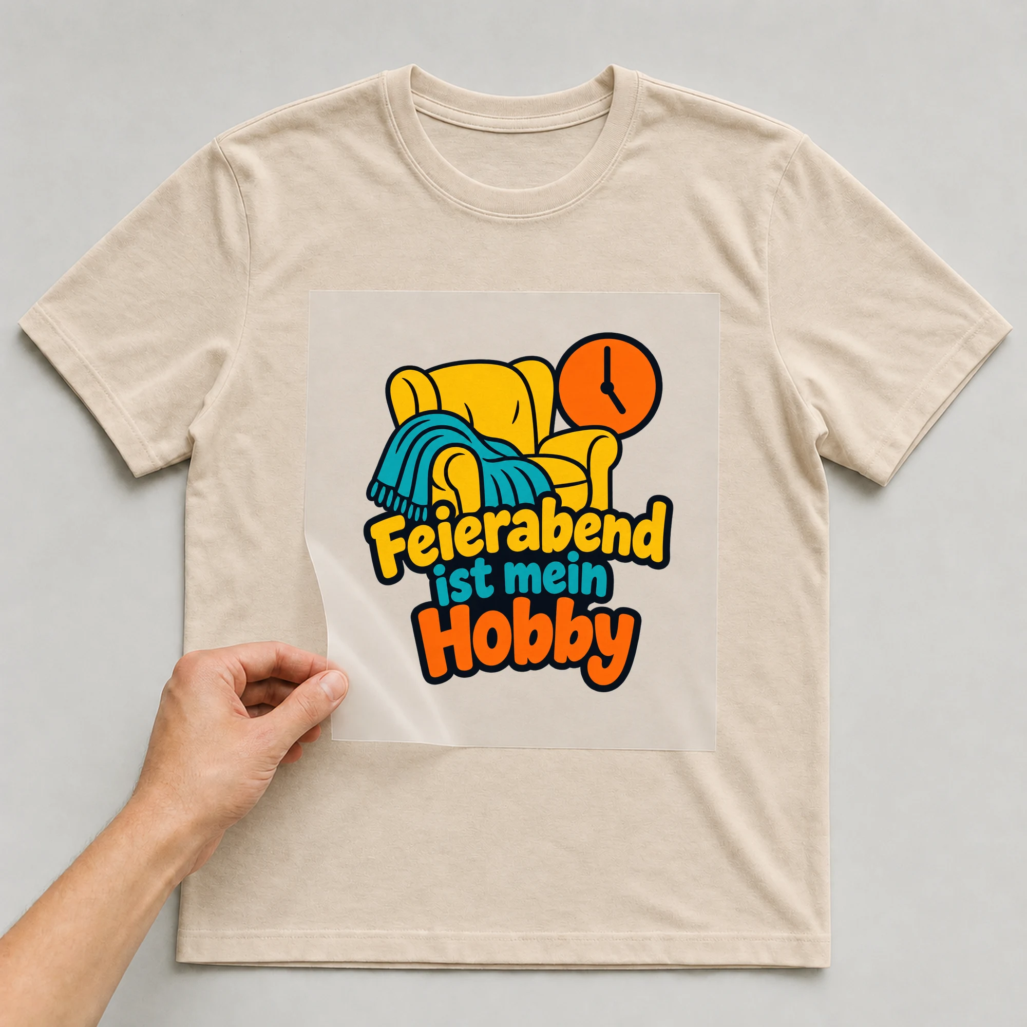 Bügelbild „Feierabend ist mein Hobby“ auf beigem T-Shirt, Folie wird aufgelegt