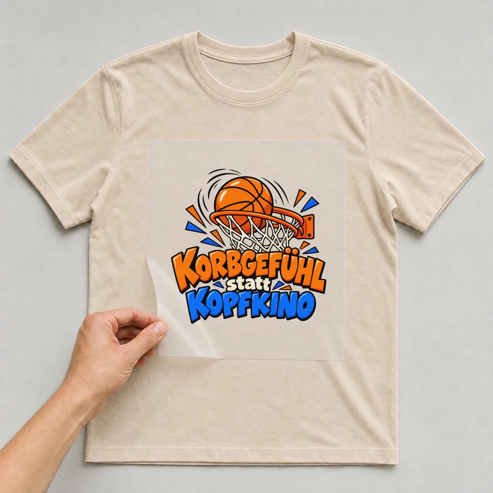 Bügelbild „Korbgefühl statt Kopfkino“ auf beigem T-Shirt, Folie wird aufgelegt