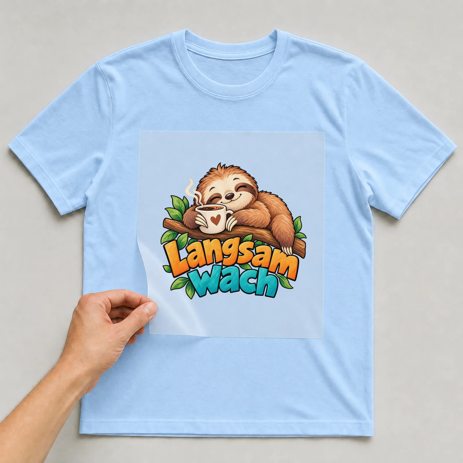 Bügelbild „Langsam wach“ auf hellblauem T-Shirt, Folie wird aufgelegt
