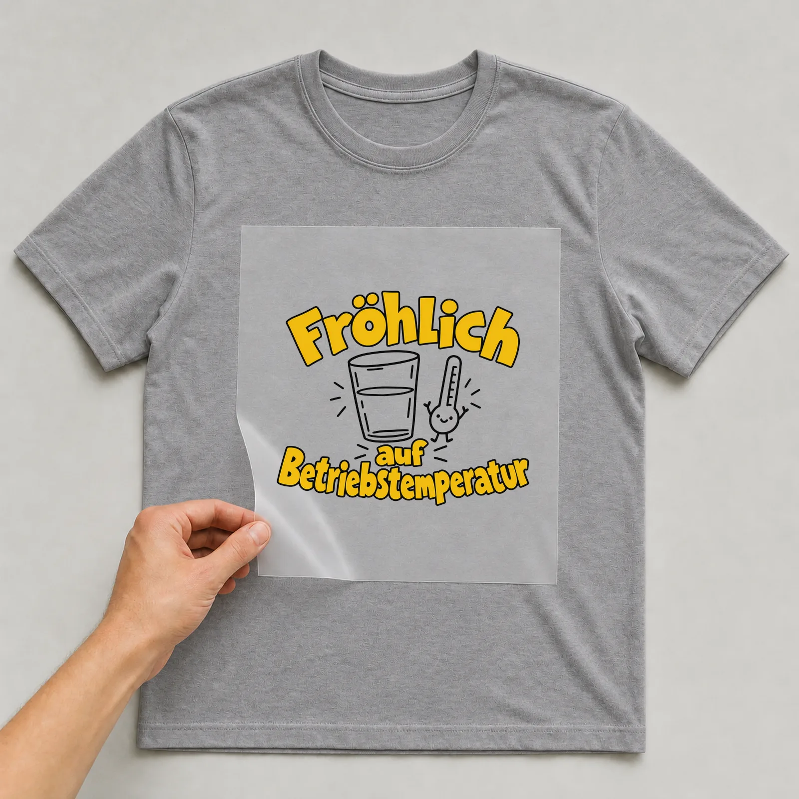 Bügelbild „Fröhlich auf Betriebstemperatur“ auf grauem T-Shirt, Folie wird aufgelegt
