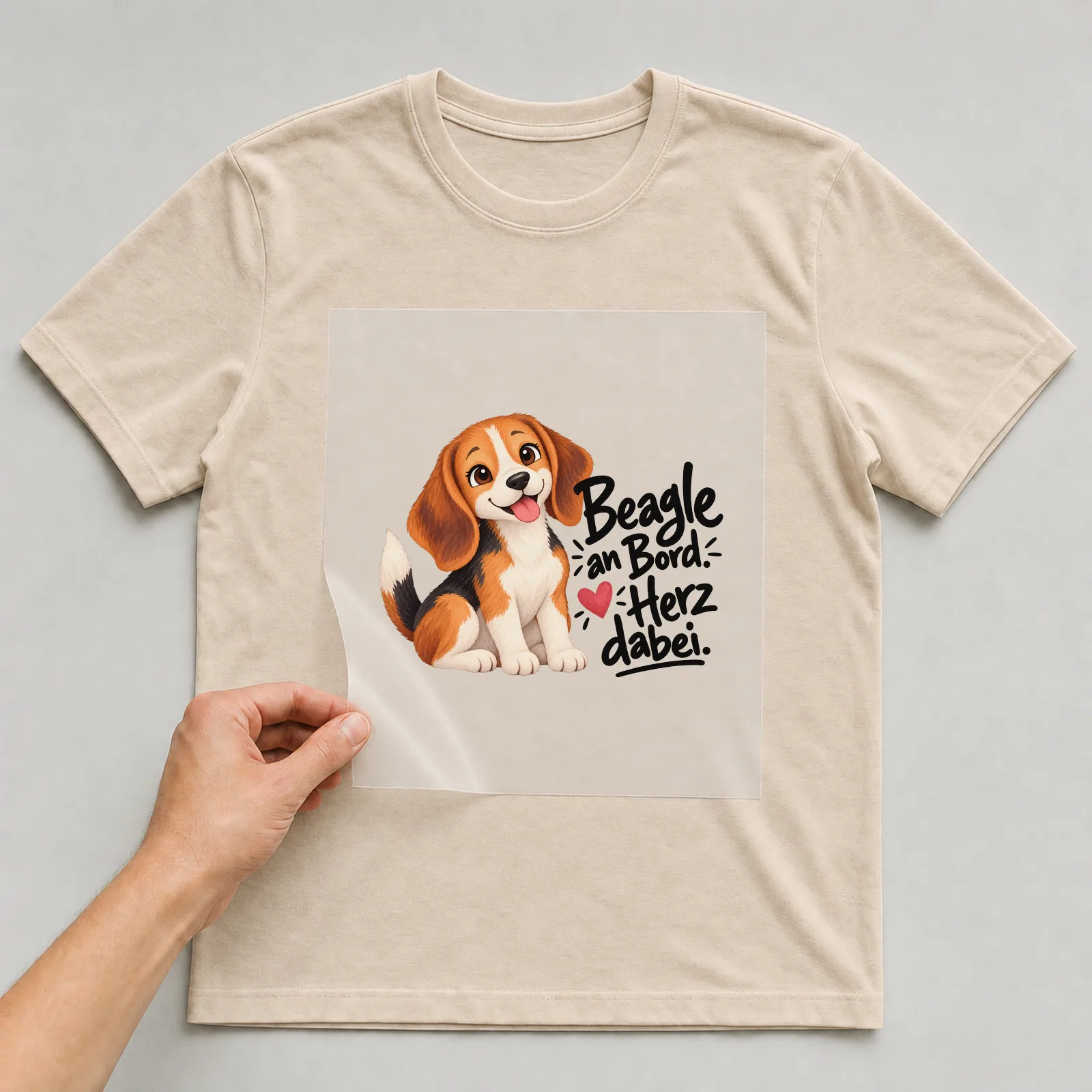 Bügelbild „Beagle an Bord. Herz dabei.“ auf beigem T-Shirt, Folie wird aufgelegt