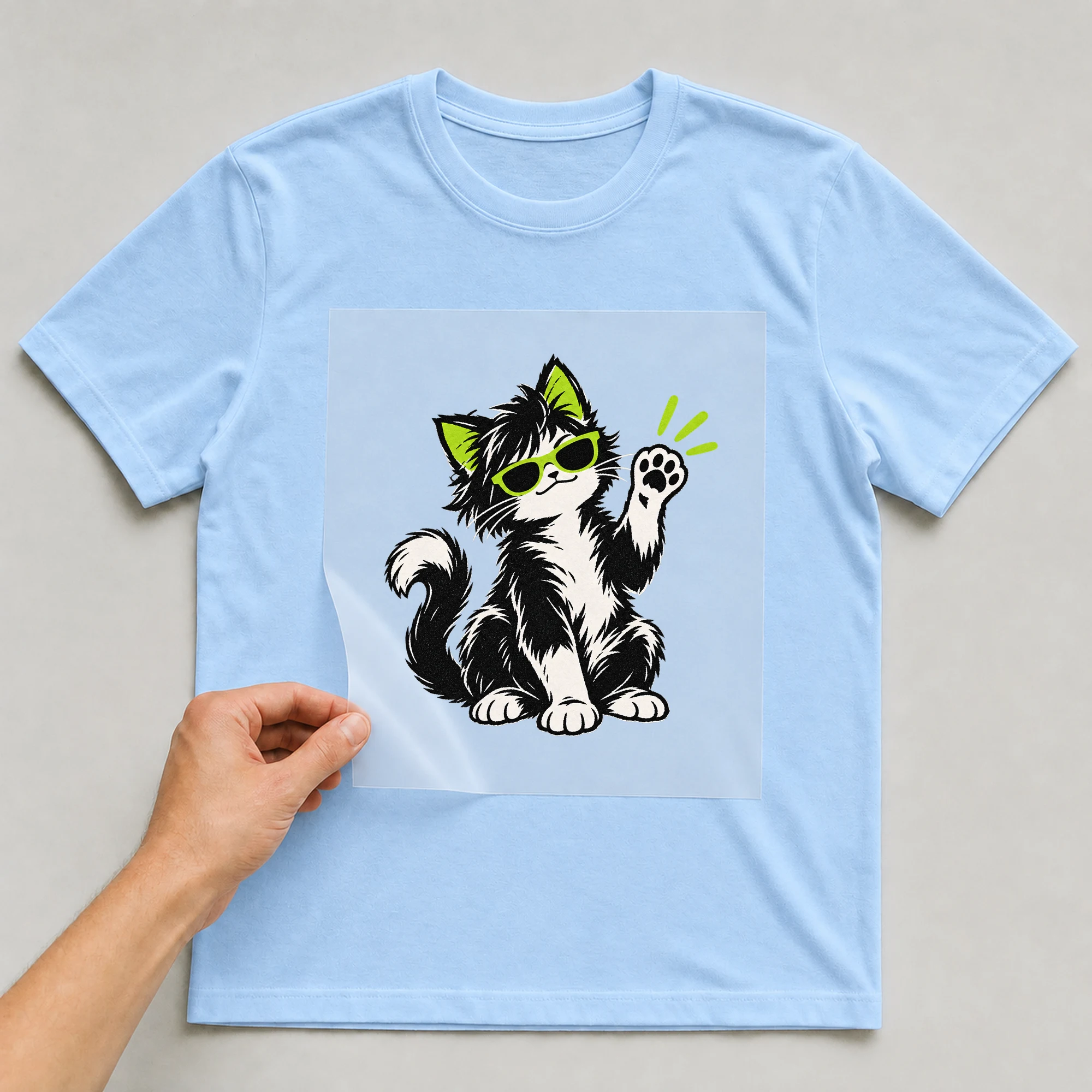 Bügelbild „Riot Cat“ auf babyblauem T-Shirt, Folie wird aufgelegt