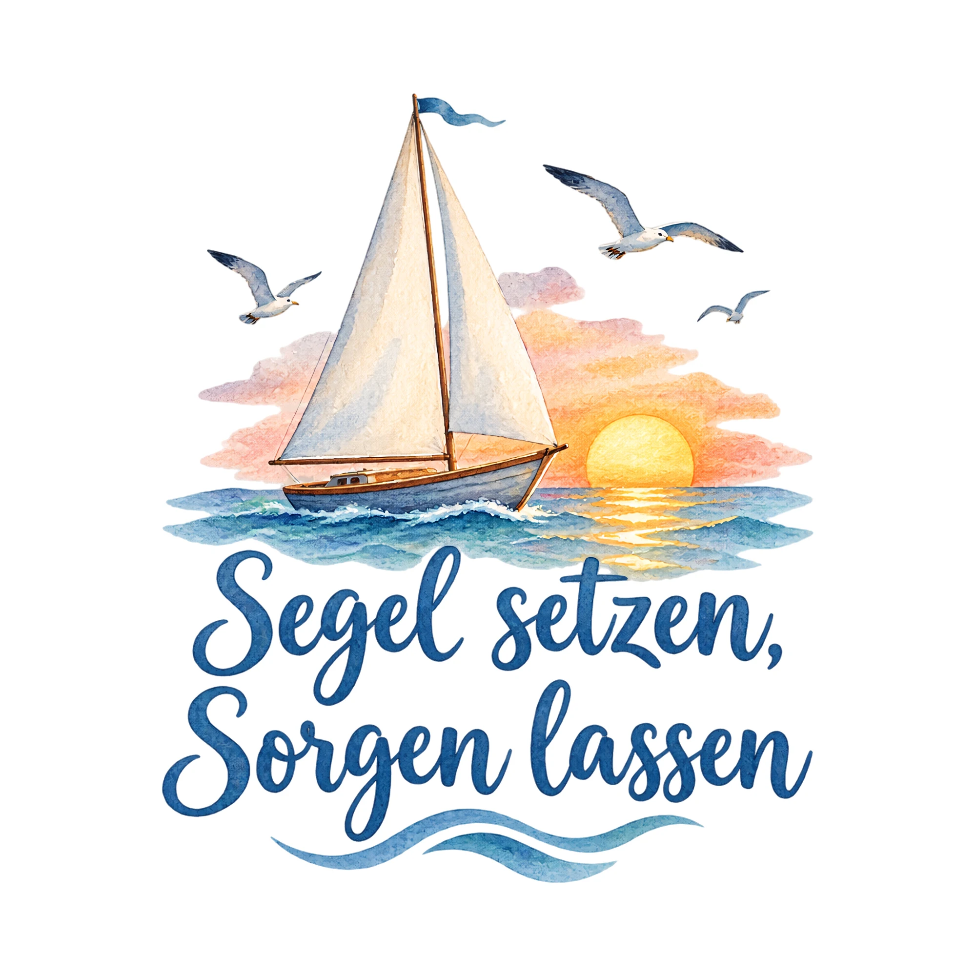 Bügelbild Segel setzen, Sorgen lassen als Grafik auf weißem Hintergrund (BB019398)