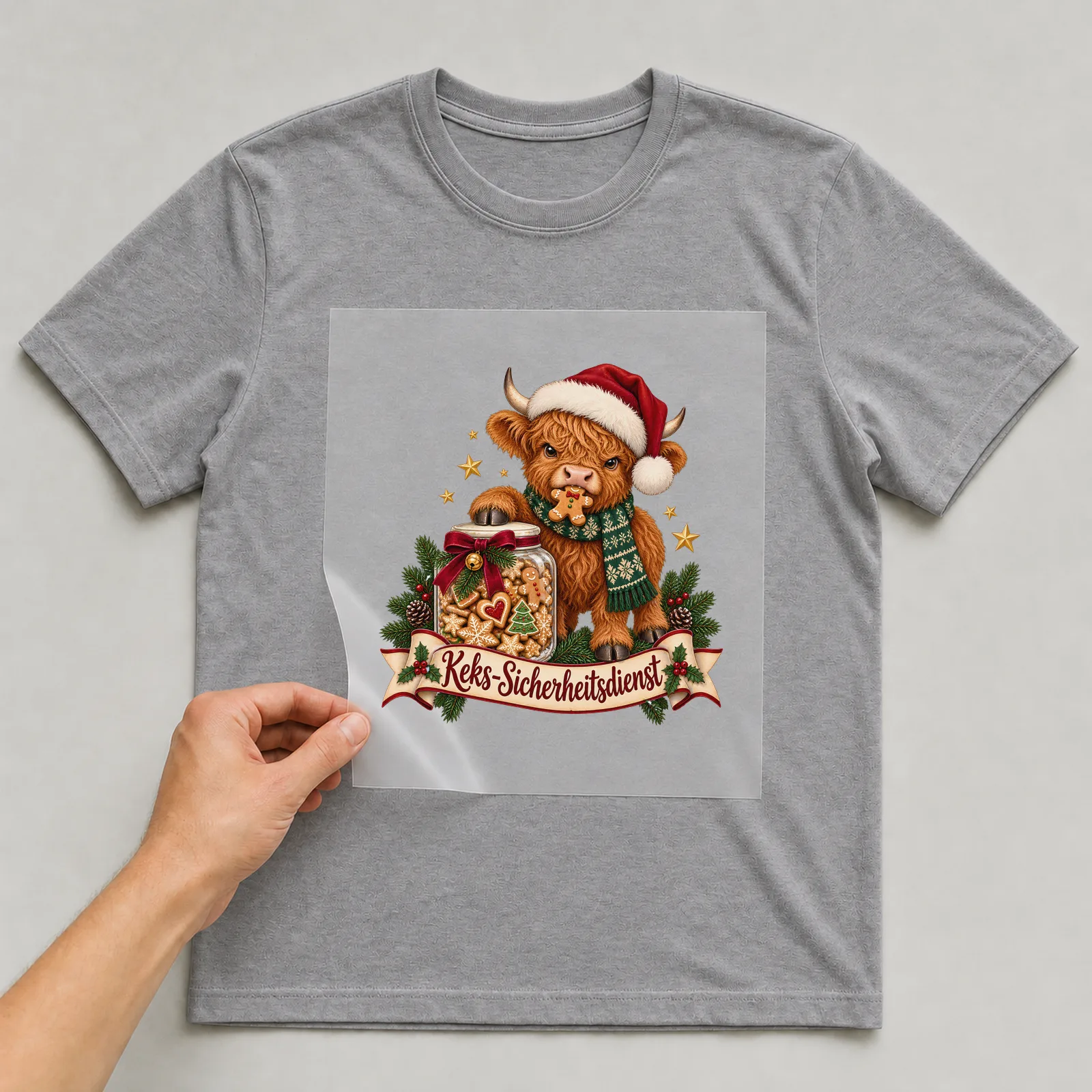 Bügelbild Keks-Sicherheitsdienst auf grauem T-Shirt, Folie wird aufgelegt