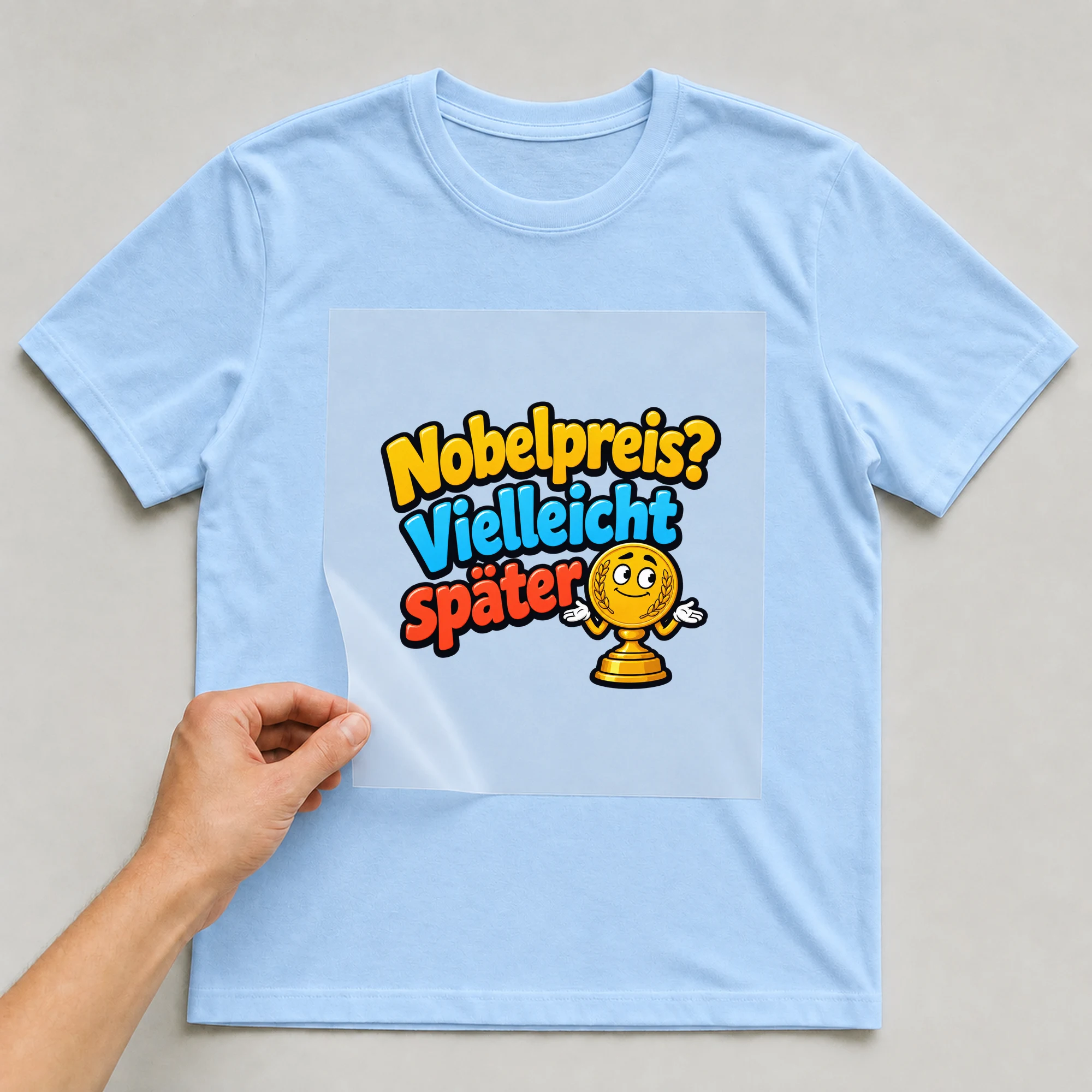 Bügelbild „Nobelpreis? Vielleicht später“ auf babyblauem T-Shirt, Folie wird aufgelegt