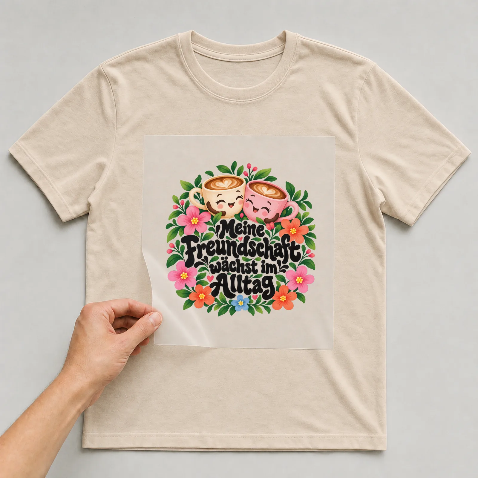 Bügelbild „Meine Freundschaft wächst im Alltag“ auf beigem T-Shirt, Folie wird aufgelegt