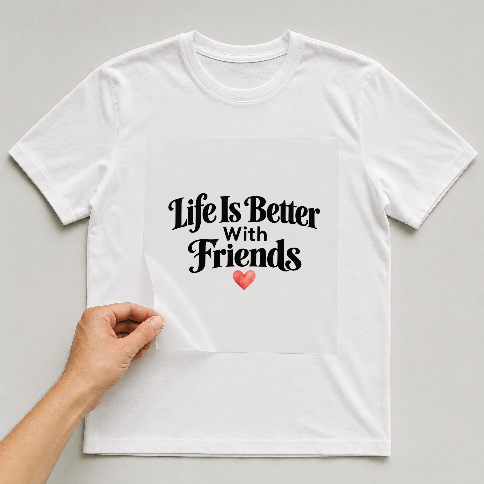 Bügelbild „Life Is Better With Friends“ auf weißem T-Shirt, Folie wird aufgelegt