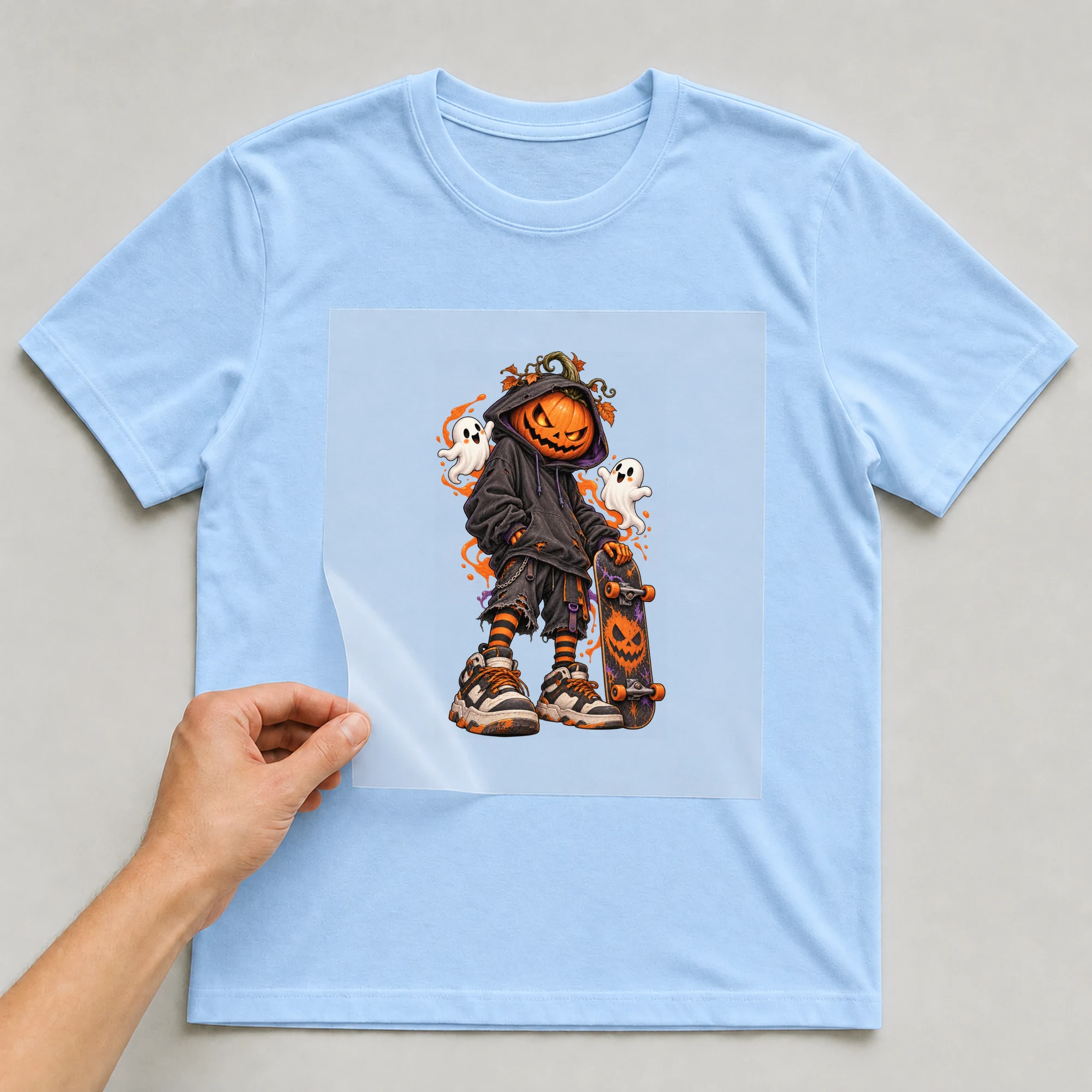 Bügelbild „Kürbis-Skater mit Hoodie im Zeichenstil“ auf babyblauem T-Shirt, Folie wird aufgelegt