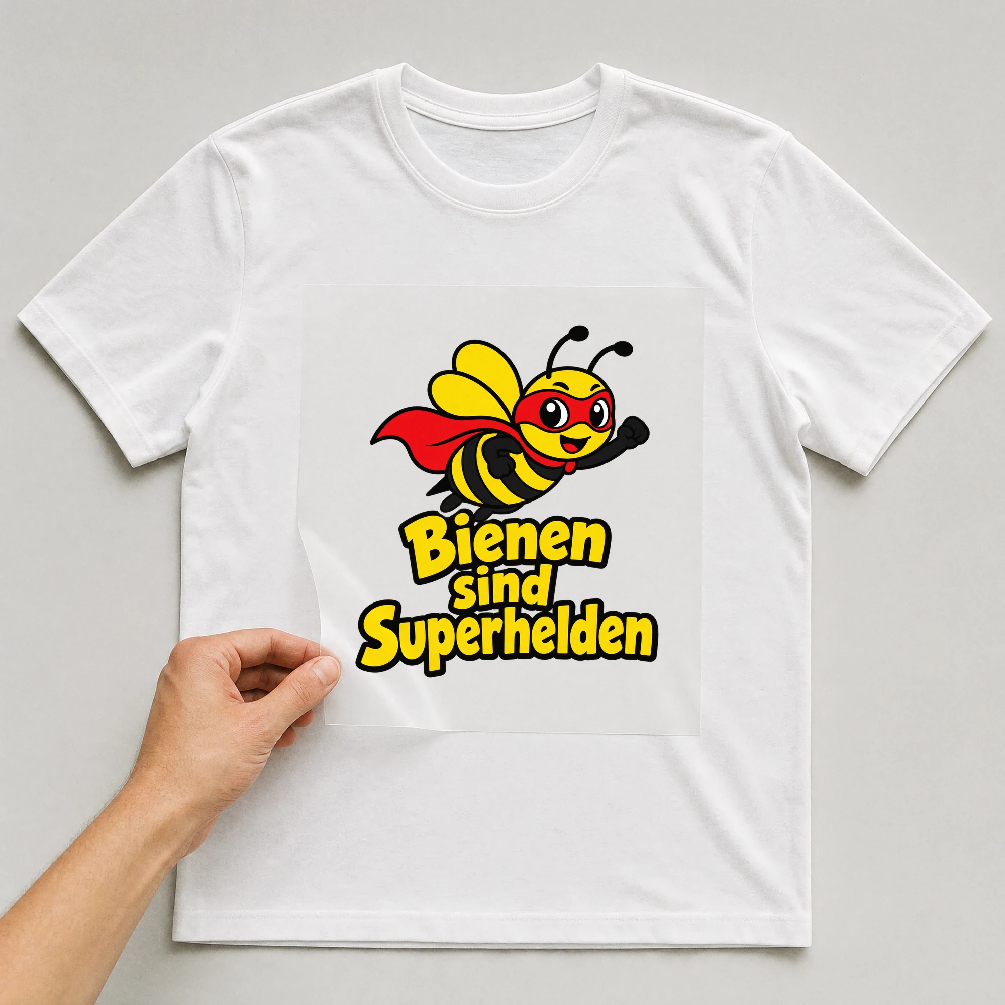 Bügelbild „Bienen sind Superhelden“ auf weißem T-Shirt, Folie wird aufgelegt