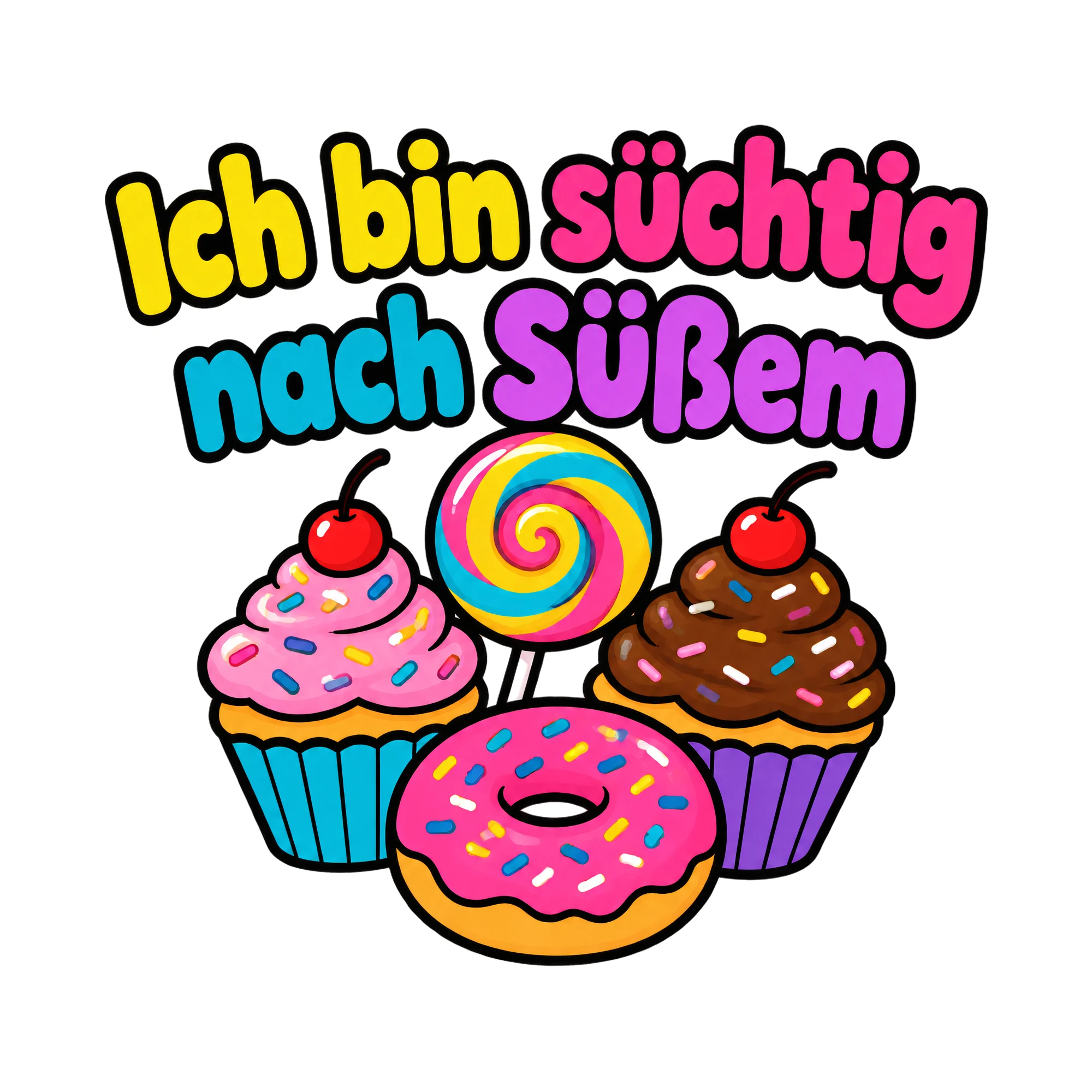 Bügelbild Ich bin süchtig nach Süßem als Grafik auf weißem Hintergrund (BB018779)
